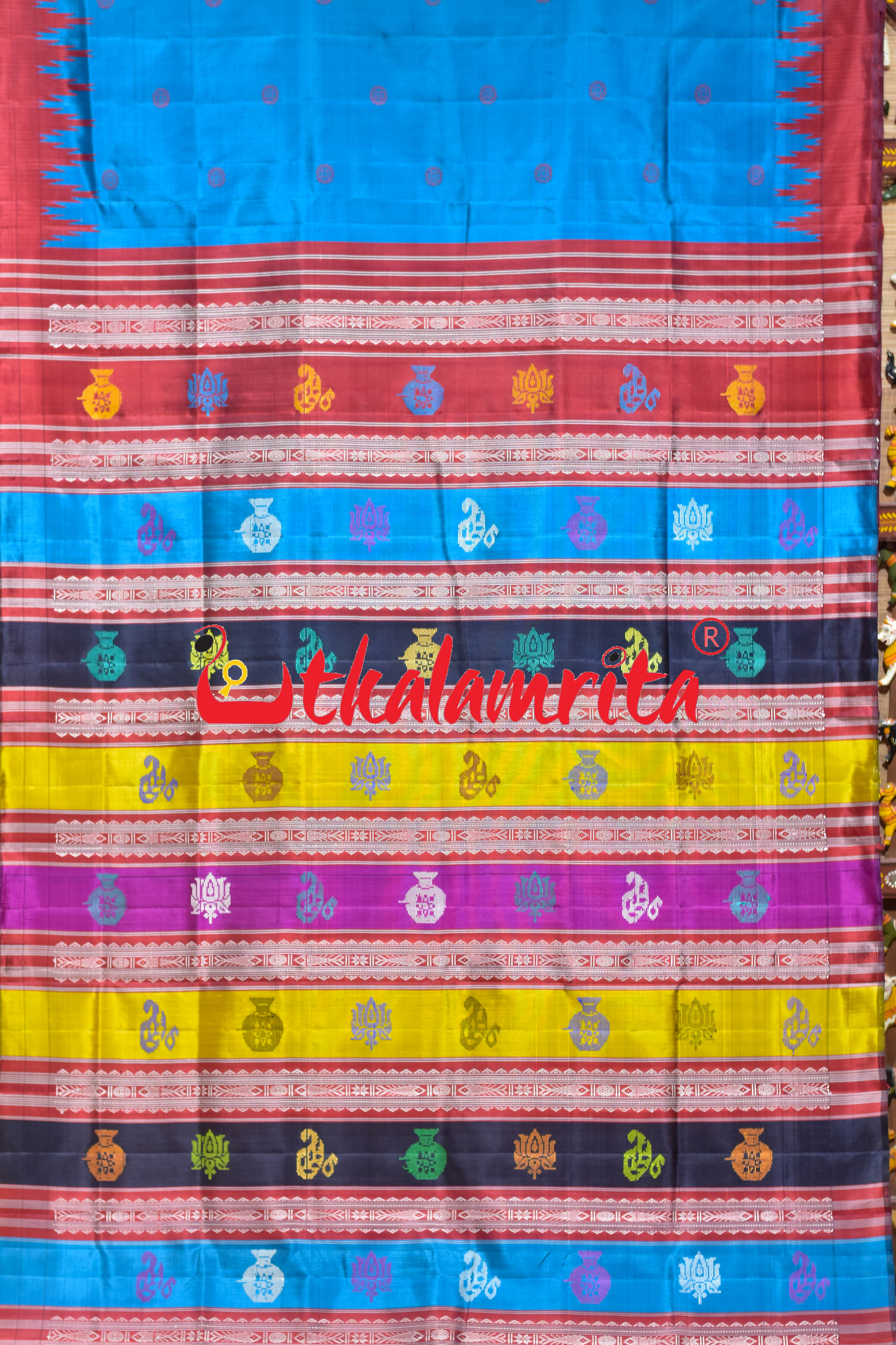 Blue Traditional Kalasa Padma Double Anchal Berhampuri Silk Saree