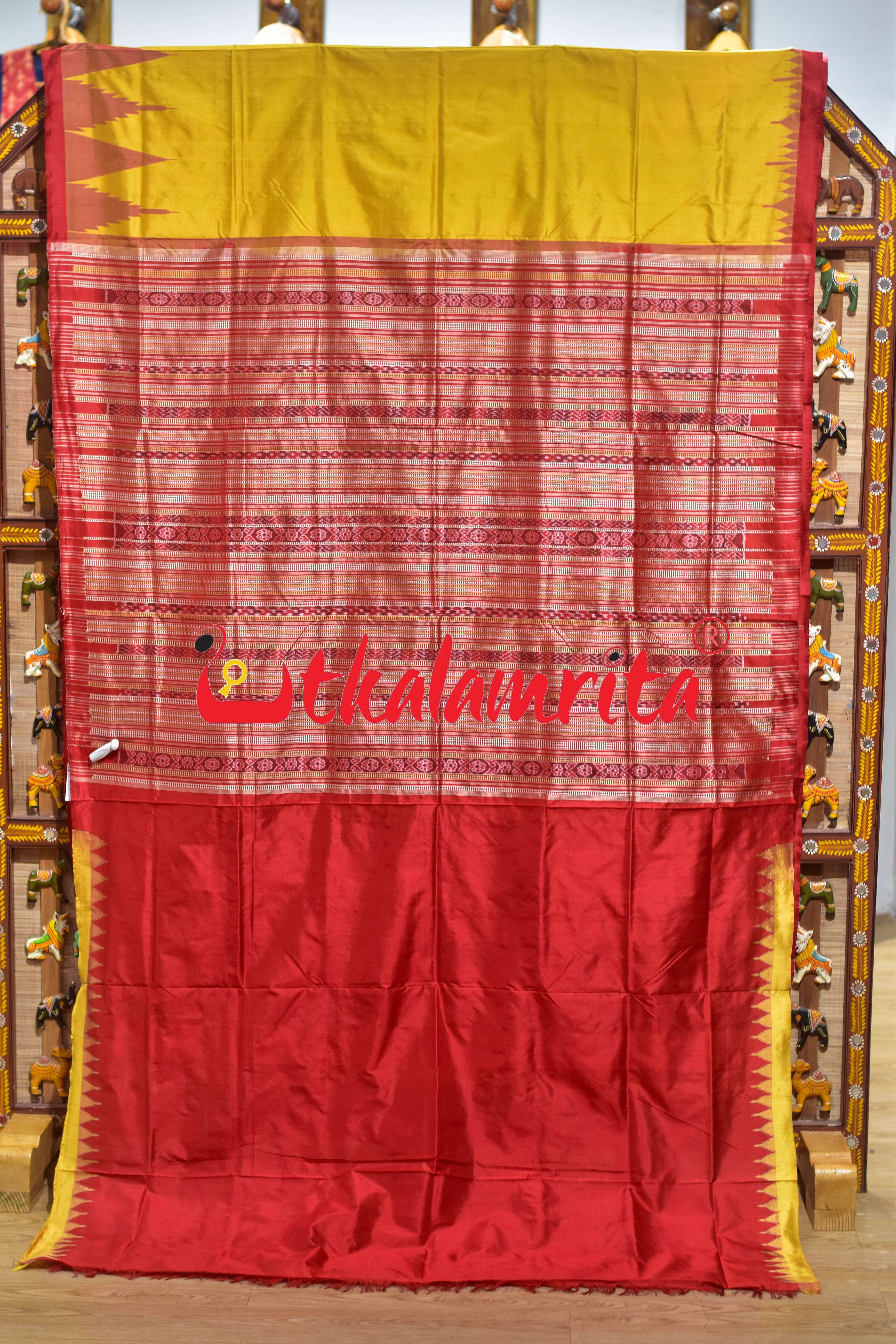 Mustard Red Hata Kumbha Sambalpuri Silk Saree