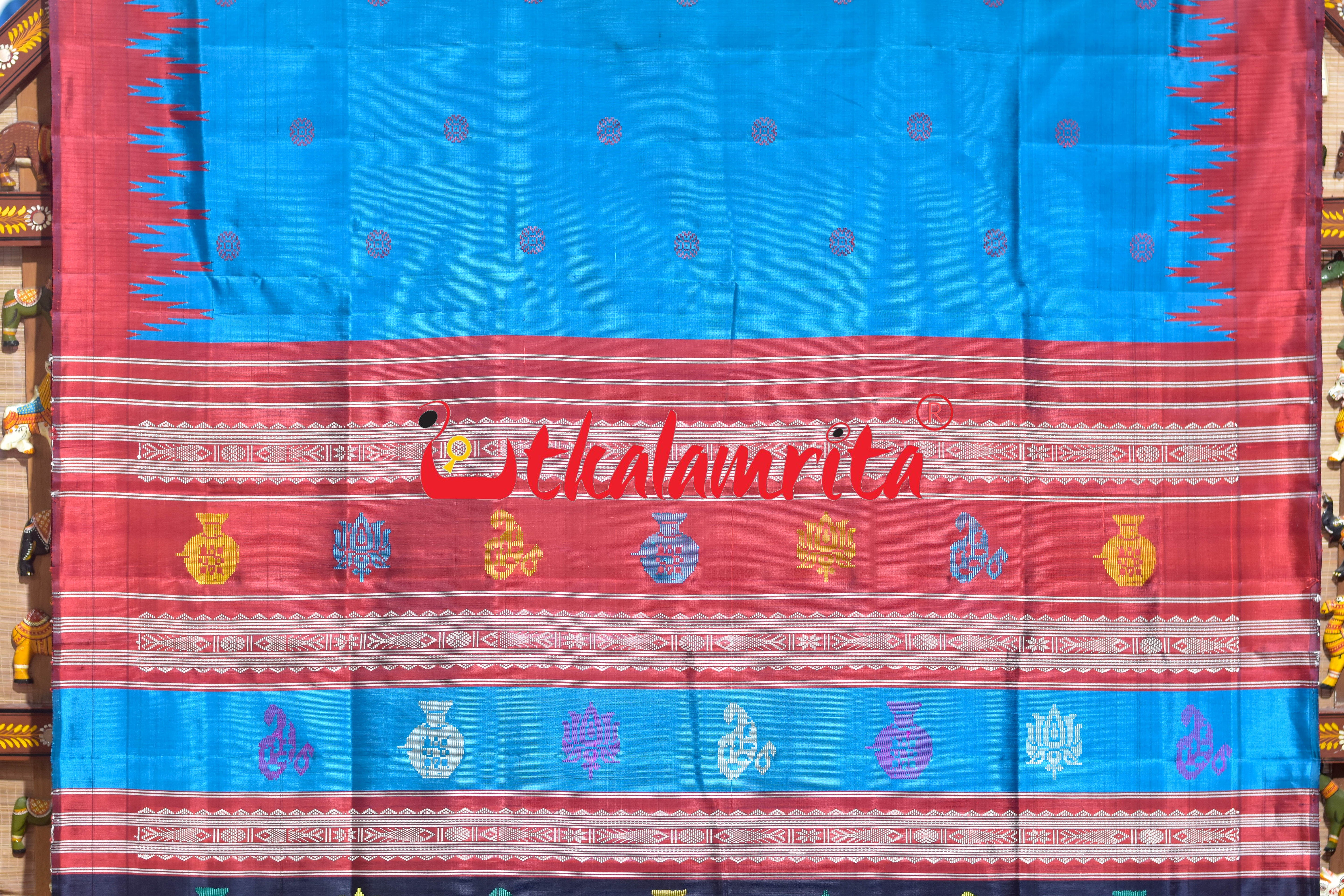 Blue Traditional Kalasa Padma Double Anchal Berhampuri Silk Saree