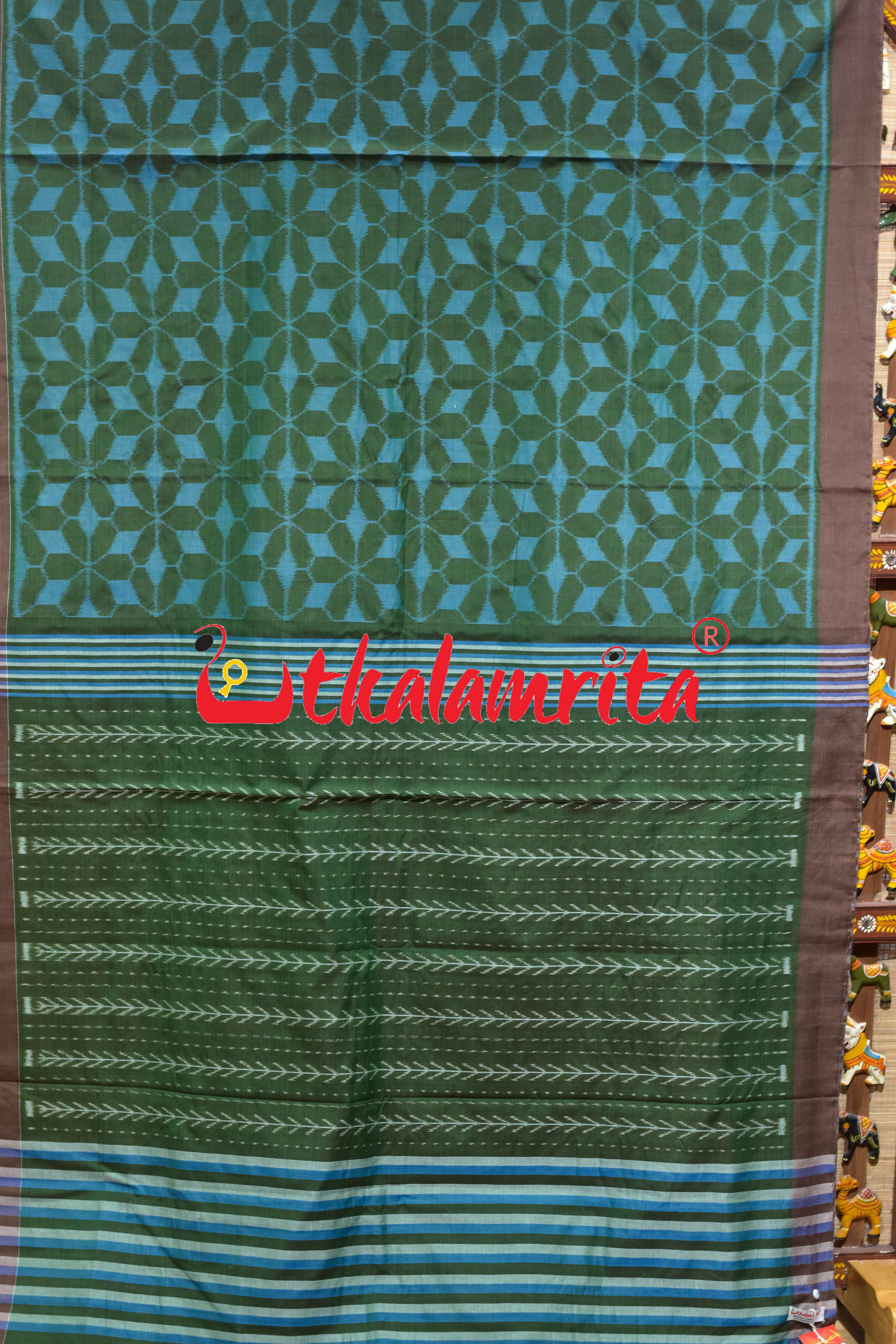 Hexagon Flower Green Blue Khandua Cotton Saree
