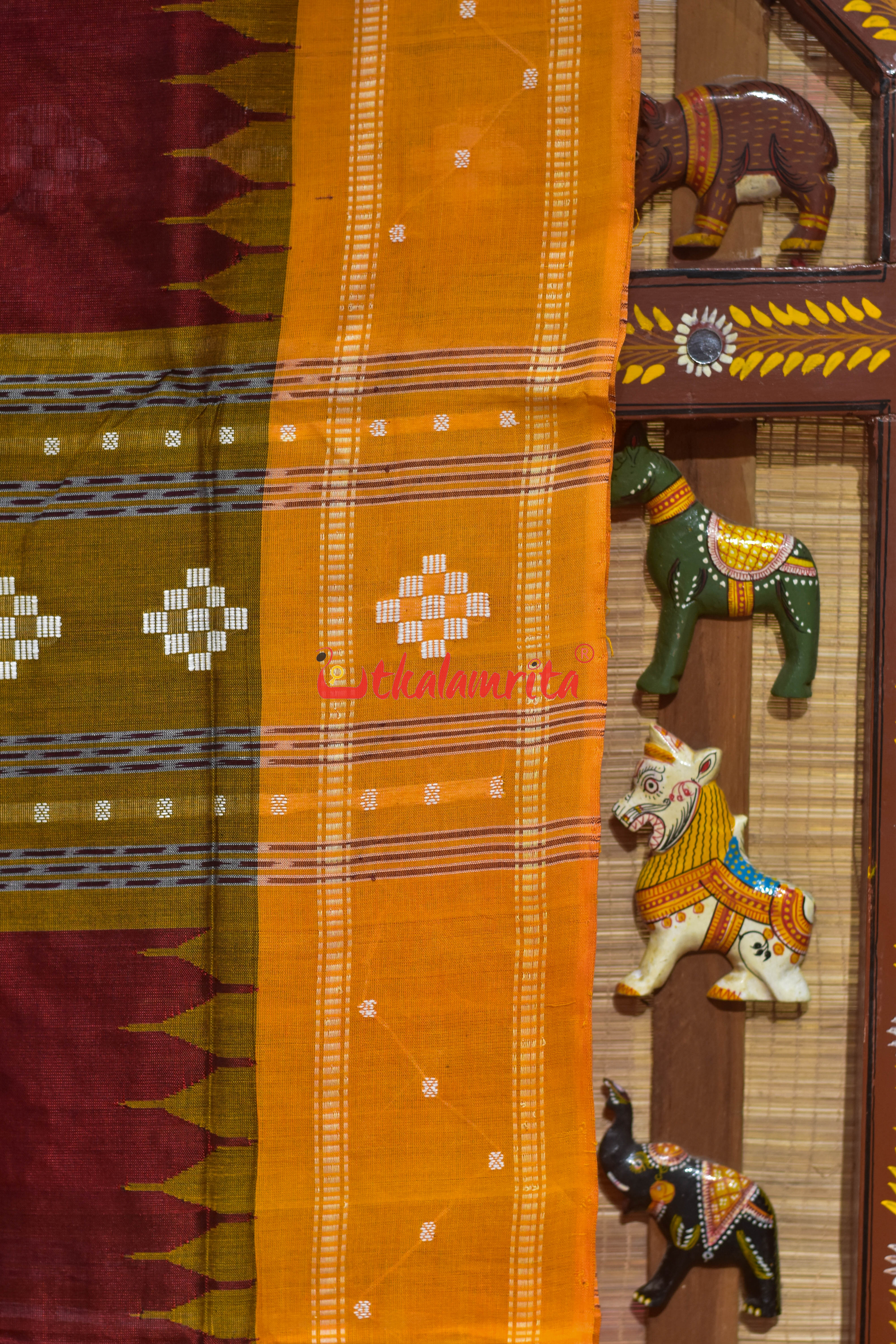 Maroon Yellow Mahal Bapta Saree