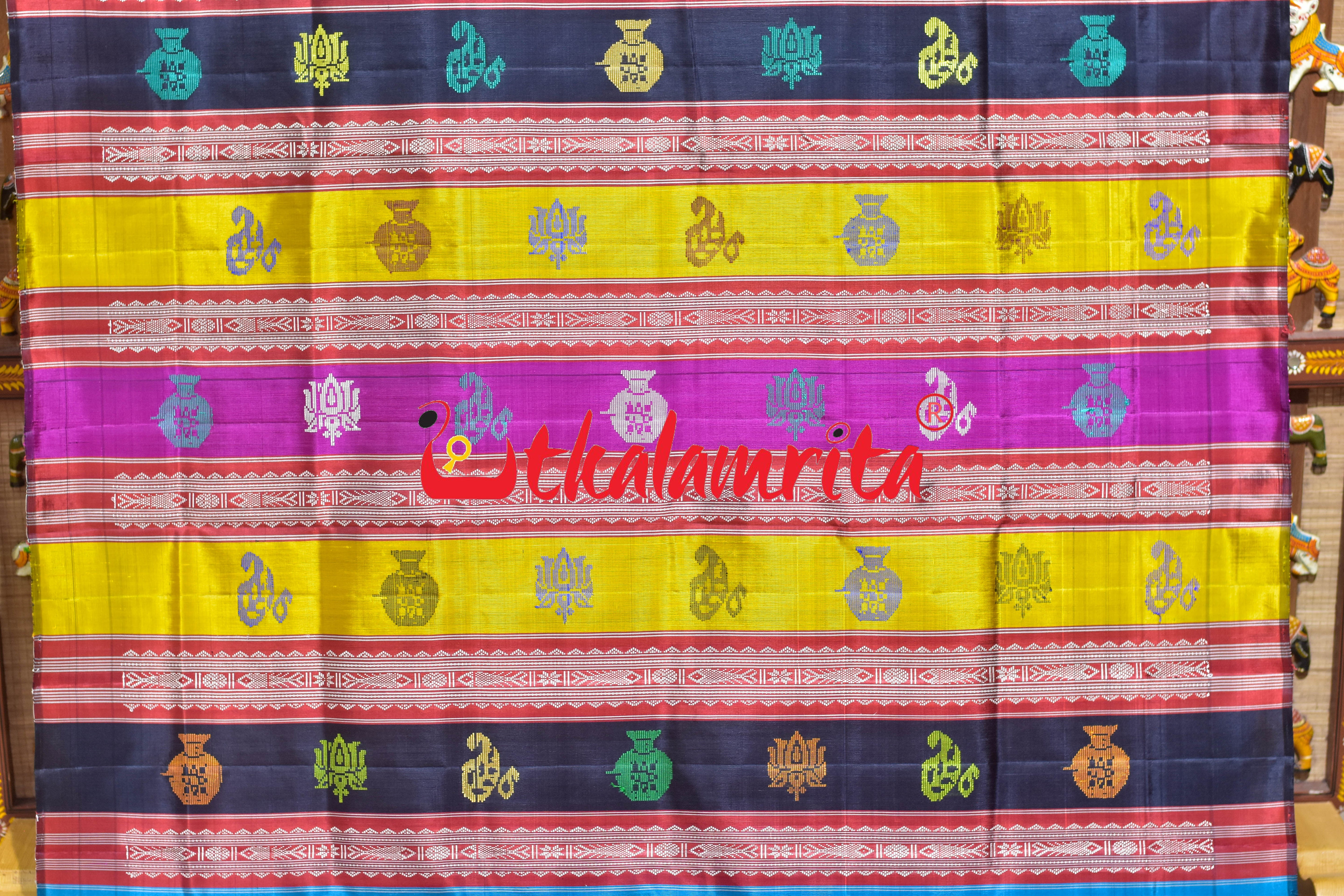 Blue Traditional Kalasa Padma Double Anchal Berhampuri Silk Saree