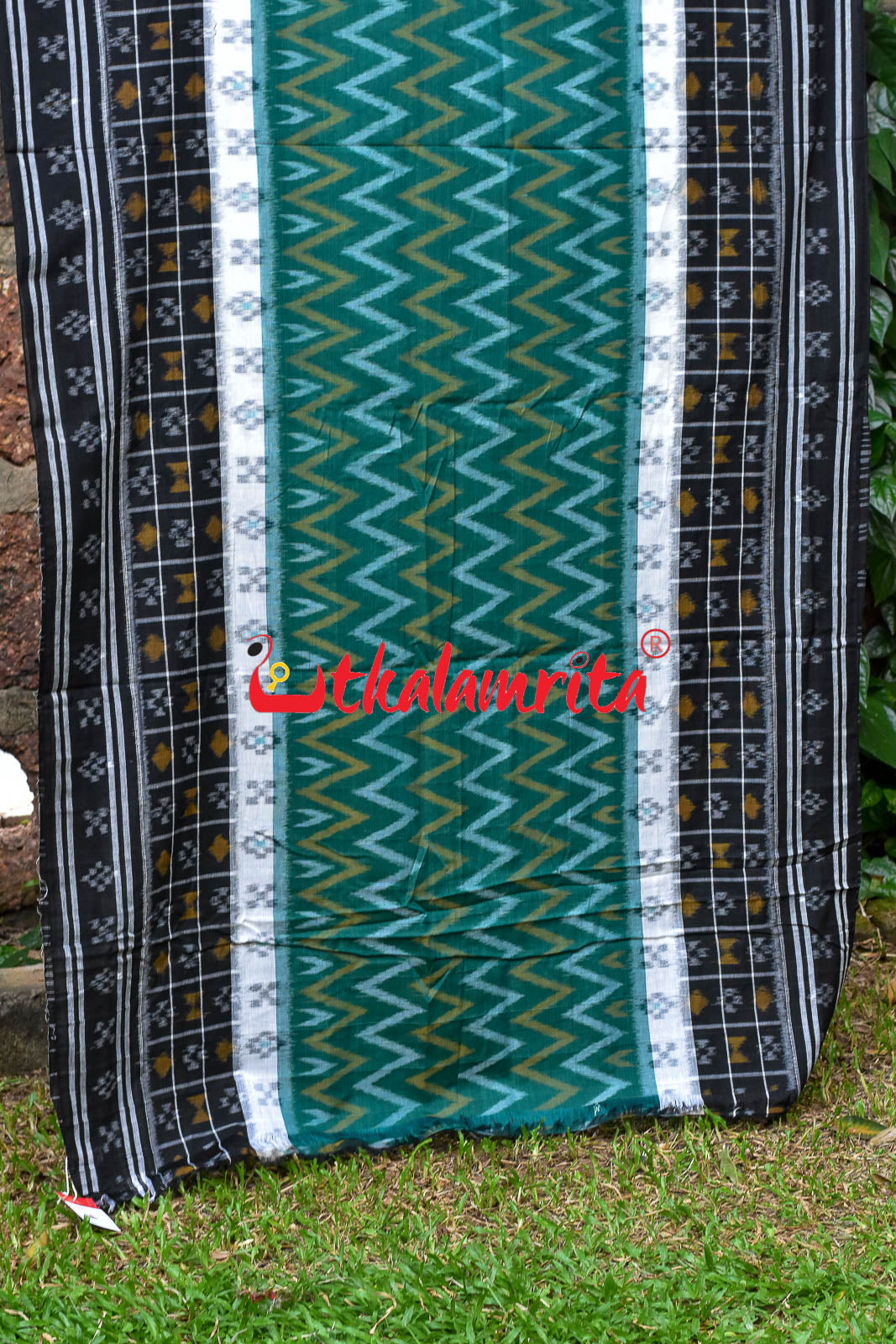 White Green Waves Black Khandua Cotton Saree