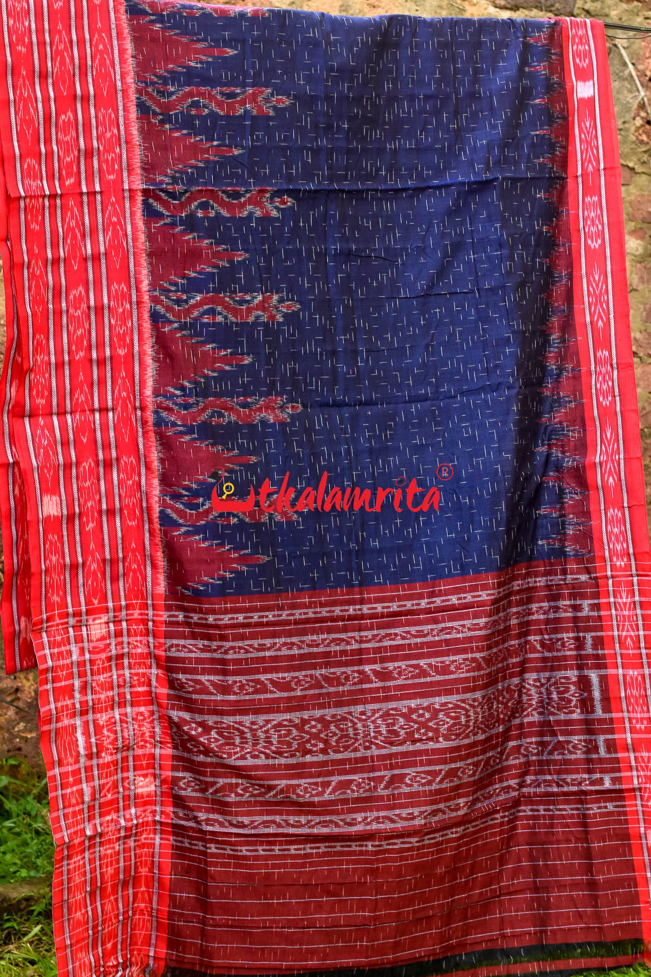 Blue Red Daali Scot Khandua Cotton Saree