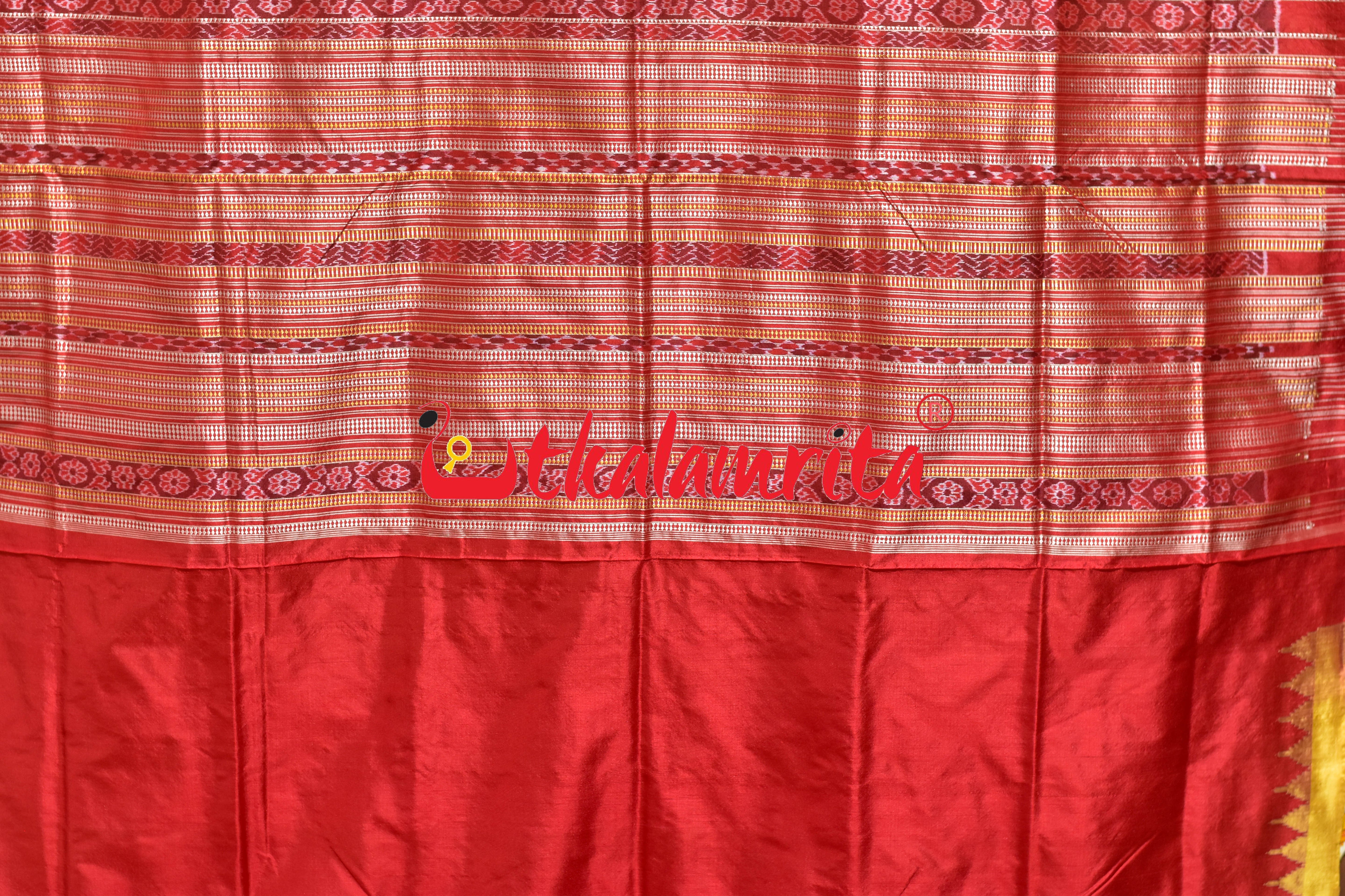 Mustard Red Hata Kumbha Sambalpuri Silk Saree