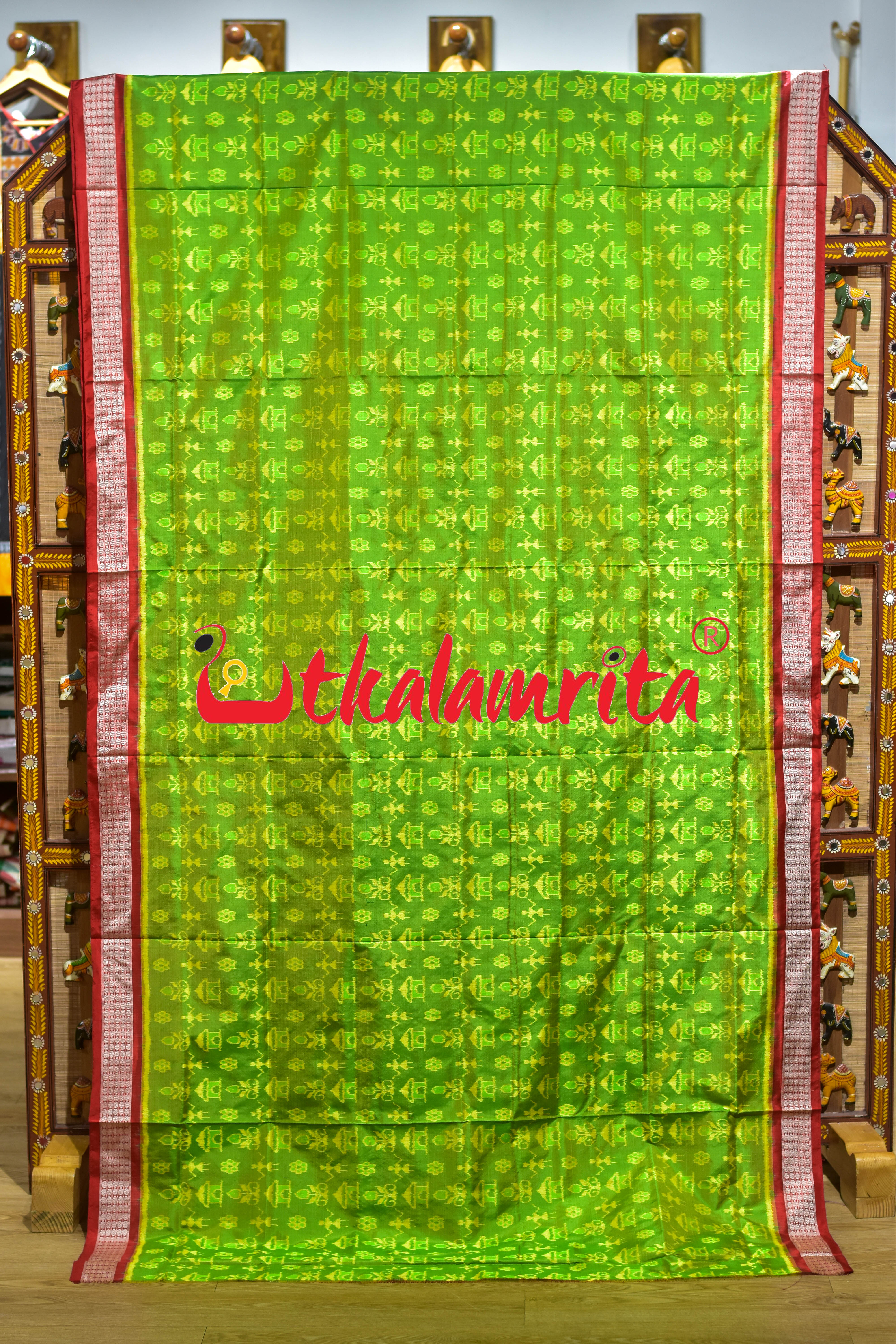 Yellow Green Red Tribal Ghara Sambalpuri Silk Saree