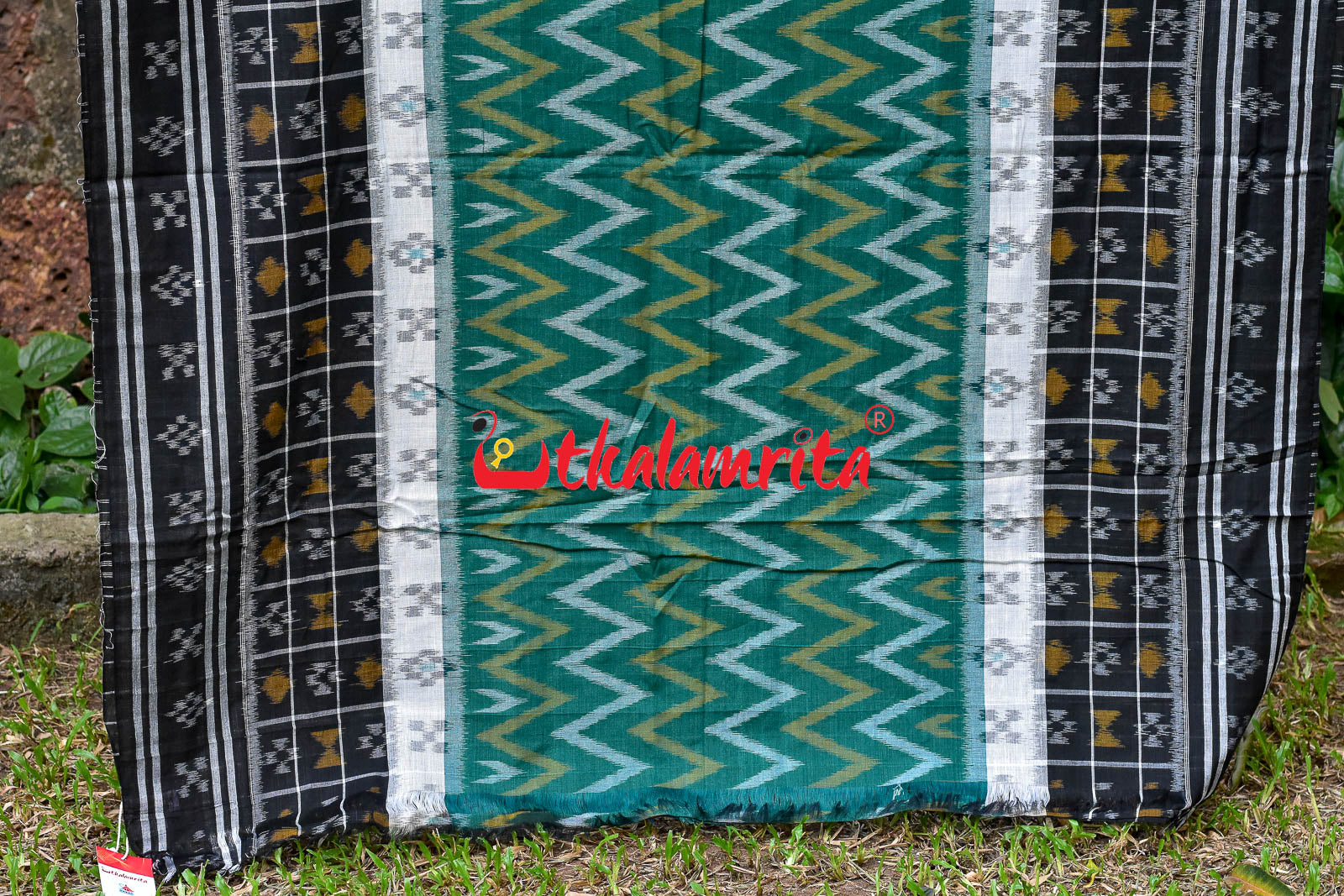 White Green Waves Black Khandua Cotton Saree