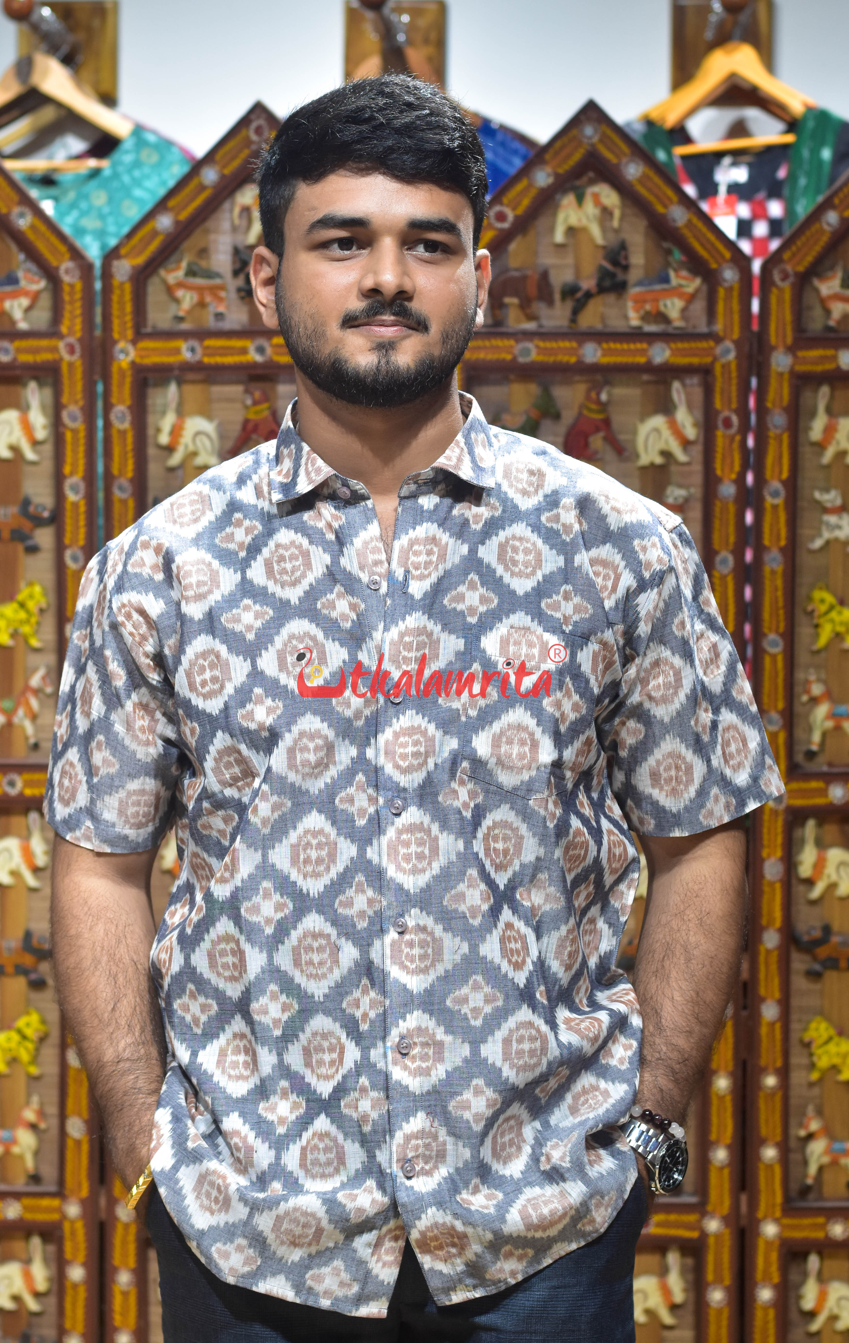 Grey Flower Pasapali (Men's Half Shirt)