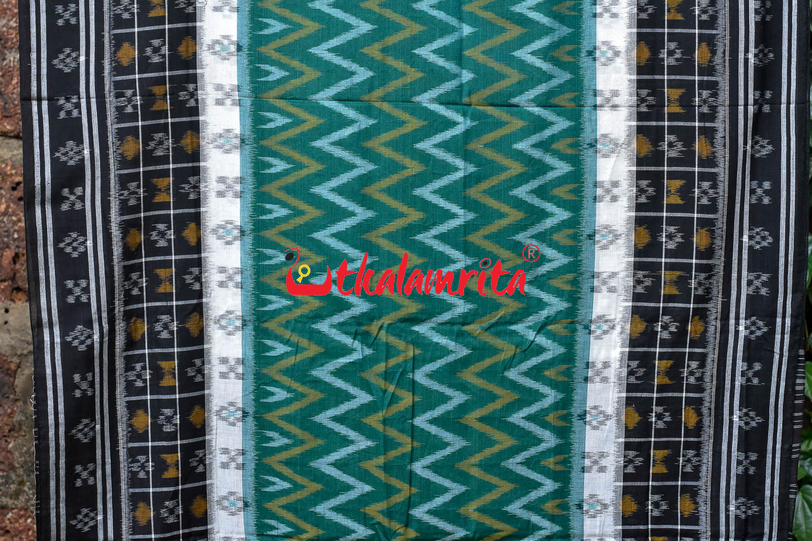 White Green Waves Black Khandua Cotton Saree