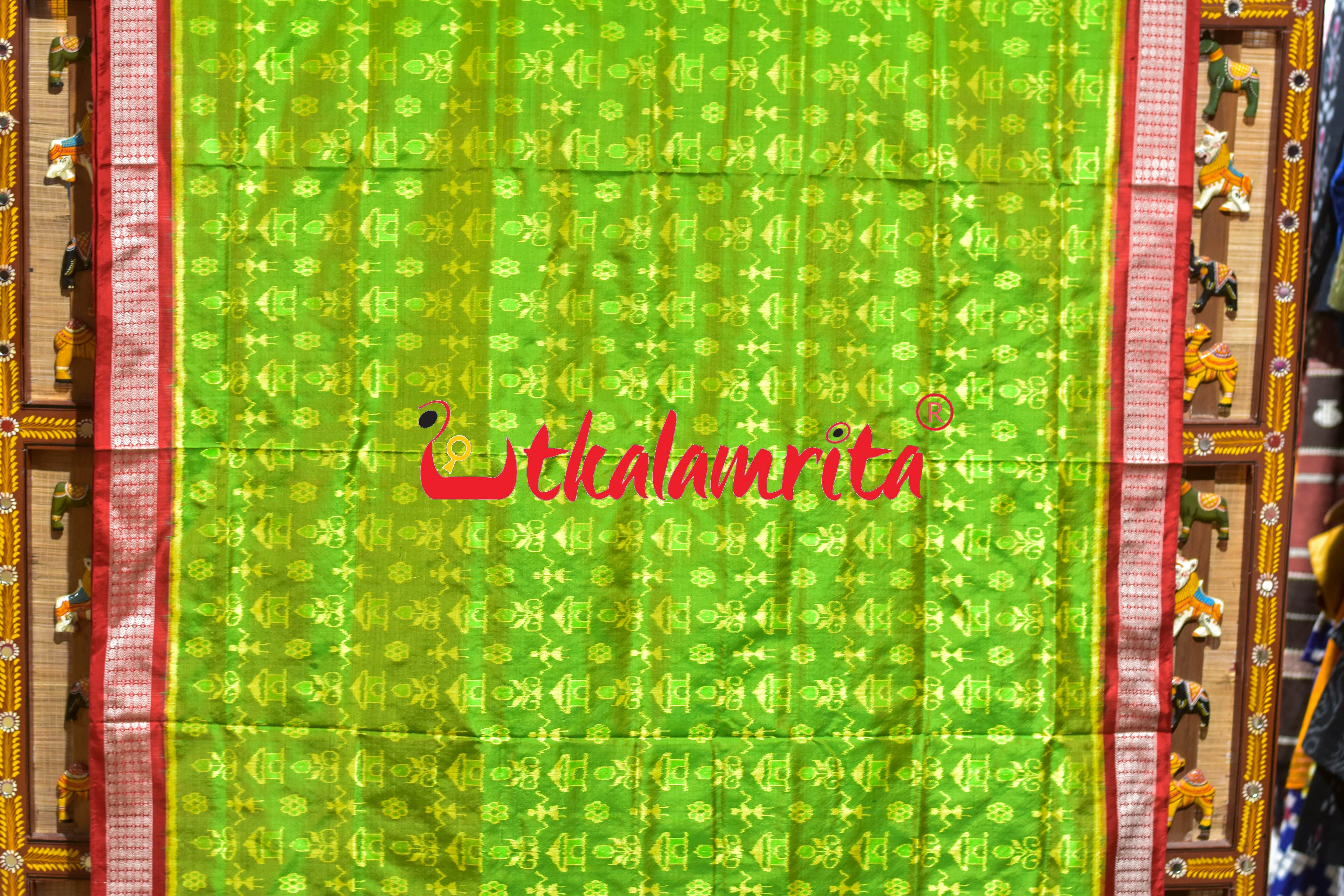 Yellow Green Red Tribal Ghara Sambalpuri Silk Saree