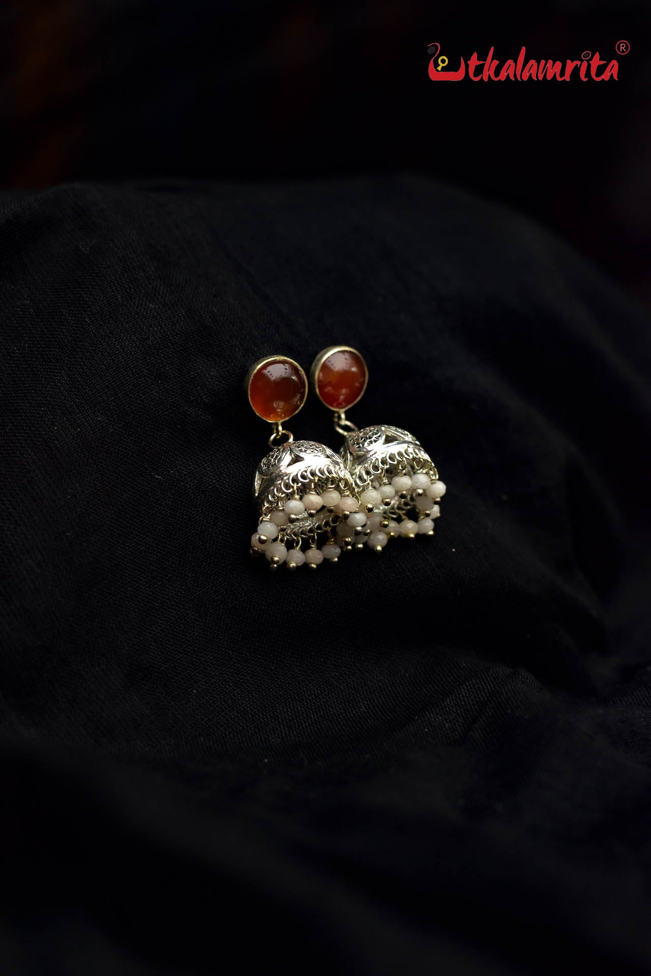 Brown Stone Silver Filigree Jhumka (Earring Tops)