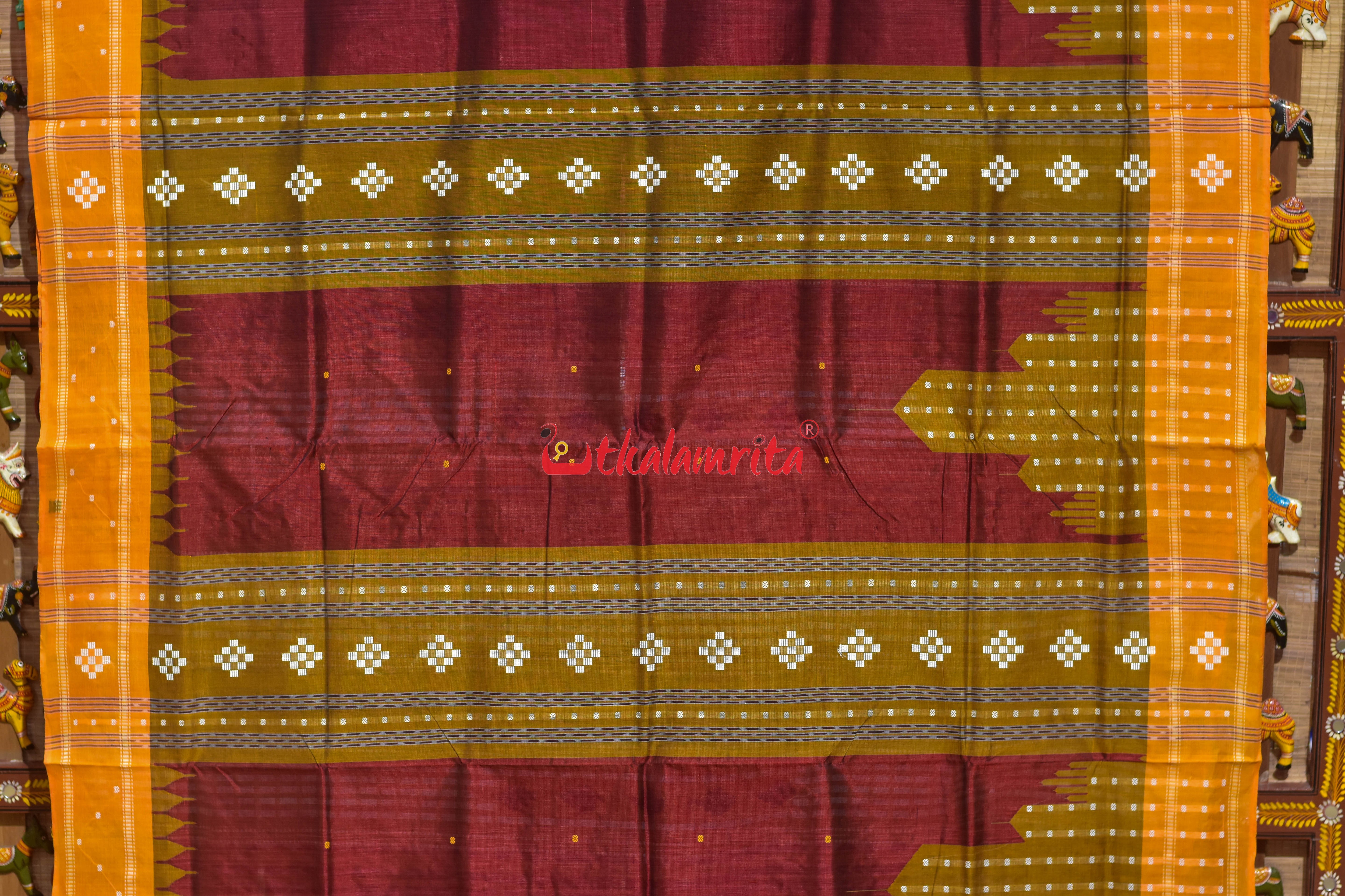 Maroon Yellow Mahal Bapta Saree