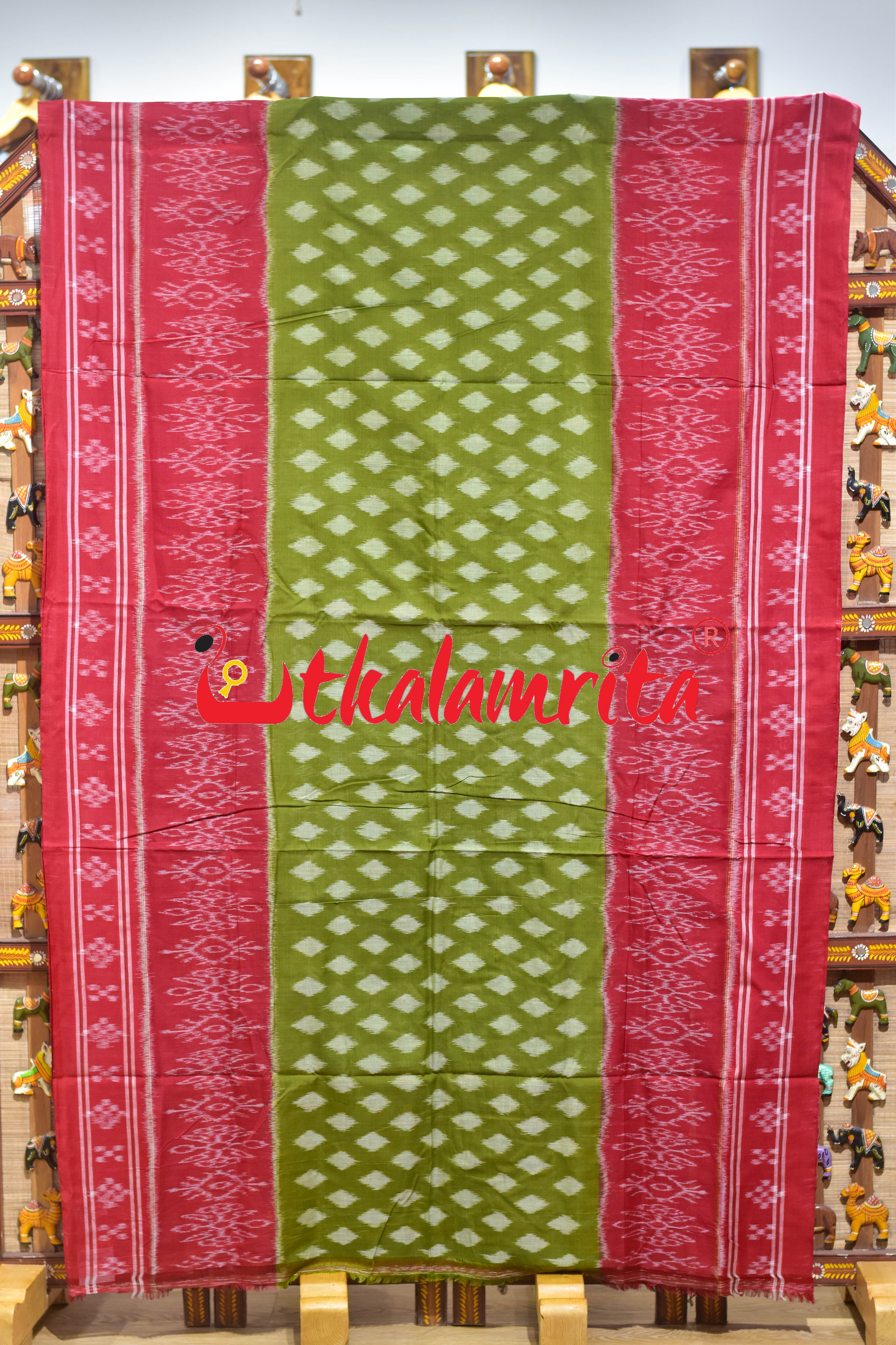 Mehendi Red Pasapali Border Khandua Cotton Saree