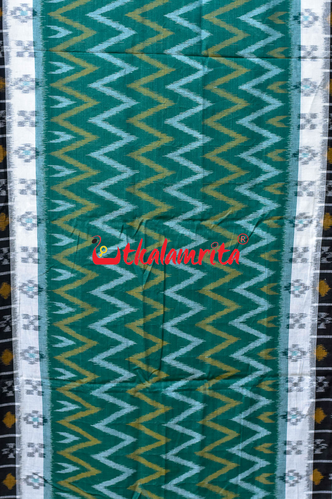 White Green Waves Black Khandua Cotton Saree