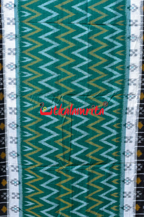 White Green Waves Black Khandua Cotton Saree