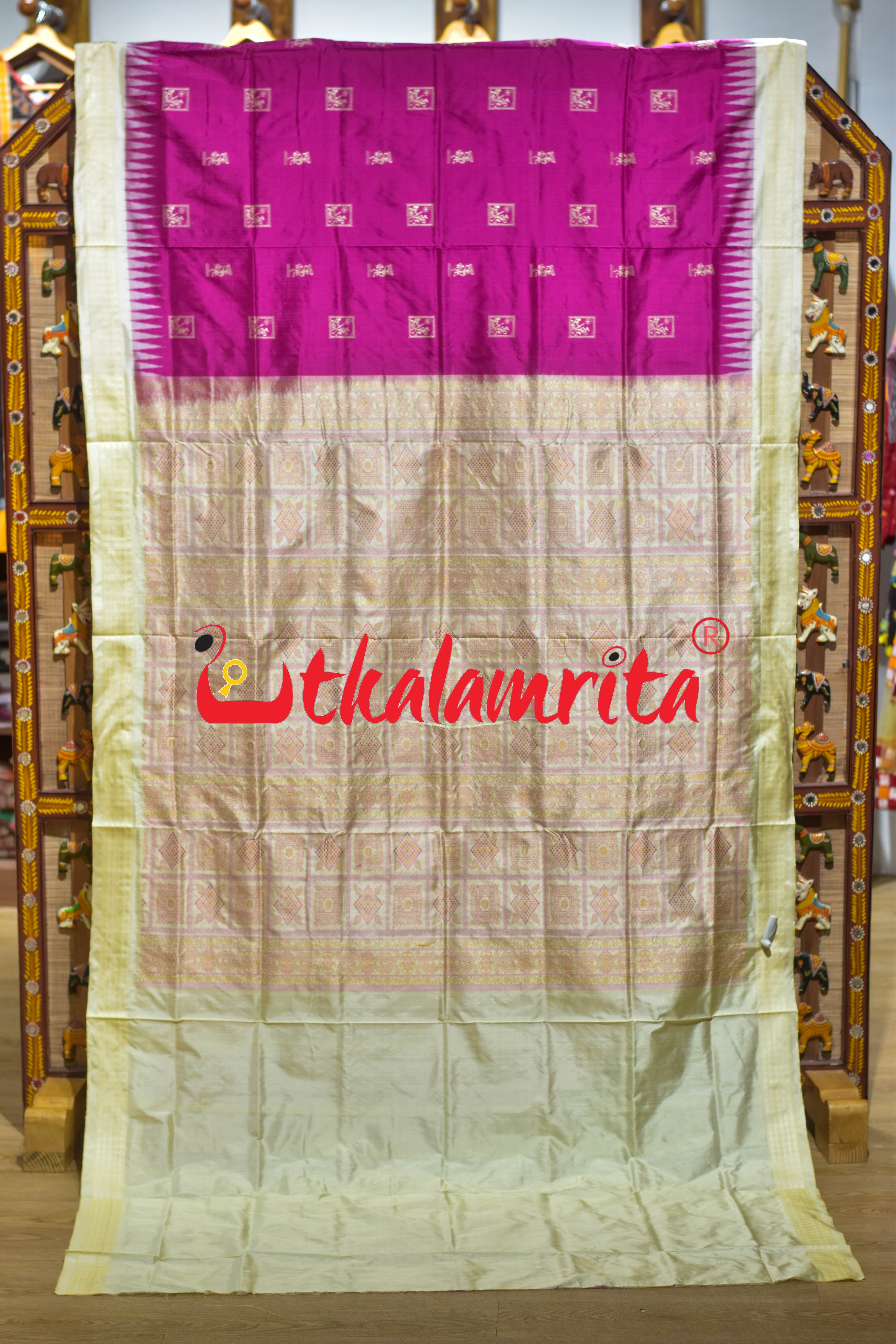 Rani Pink Off White Tribal Bomkai Silk Saree