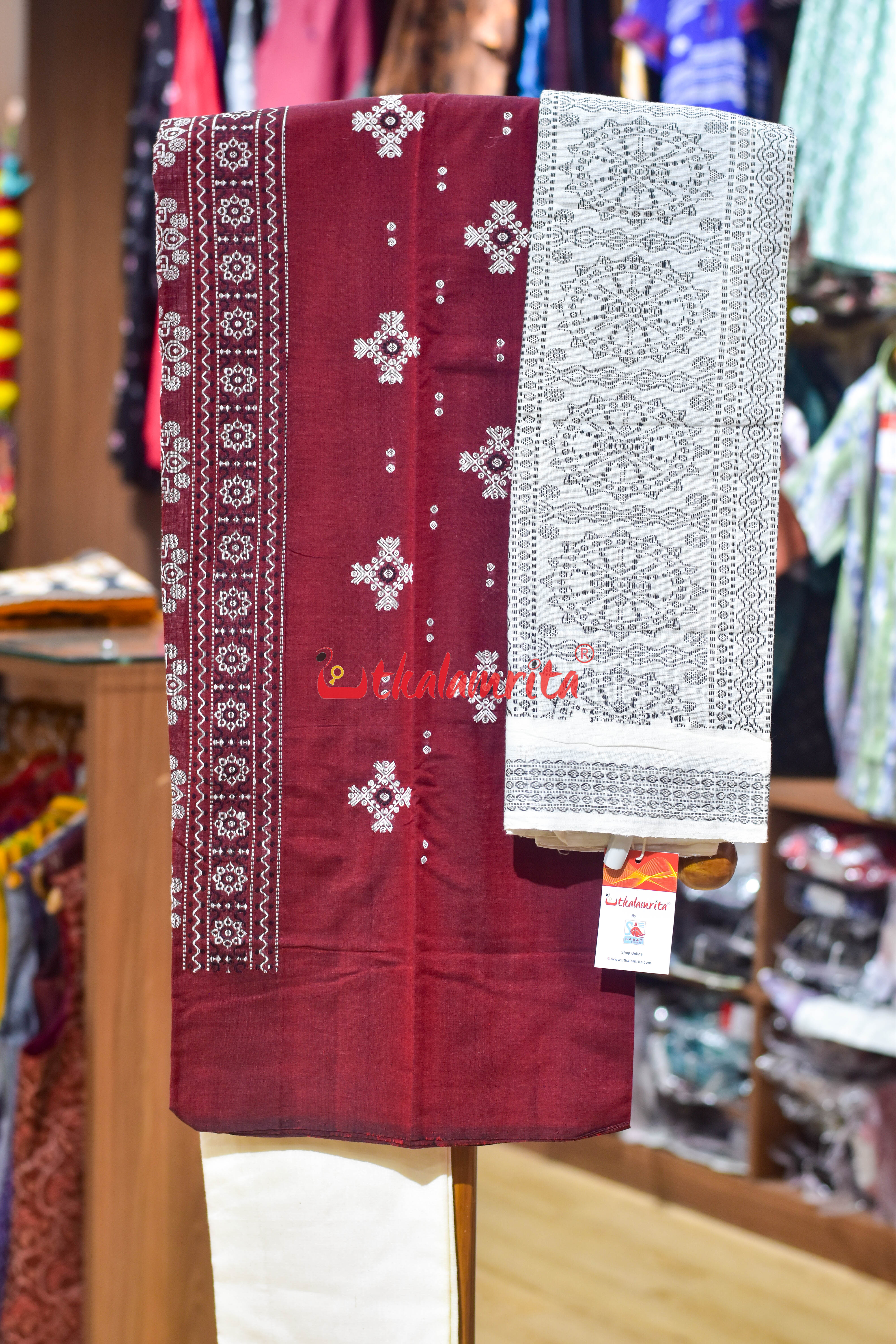 Maroon with White Yellow Flower Bomkai Dress Set