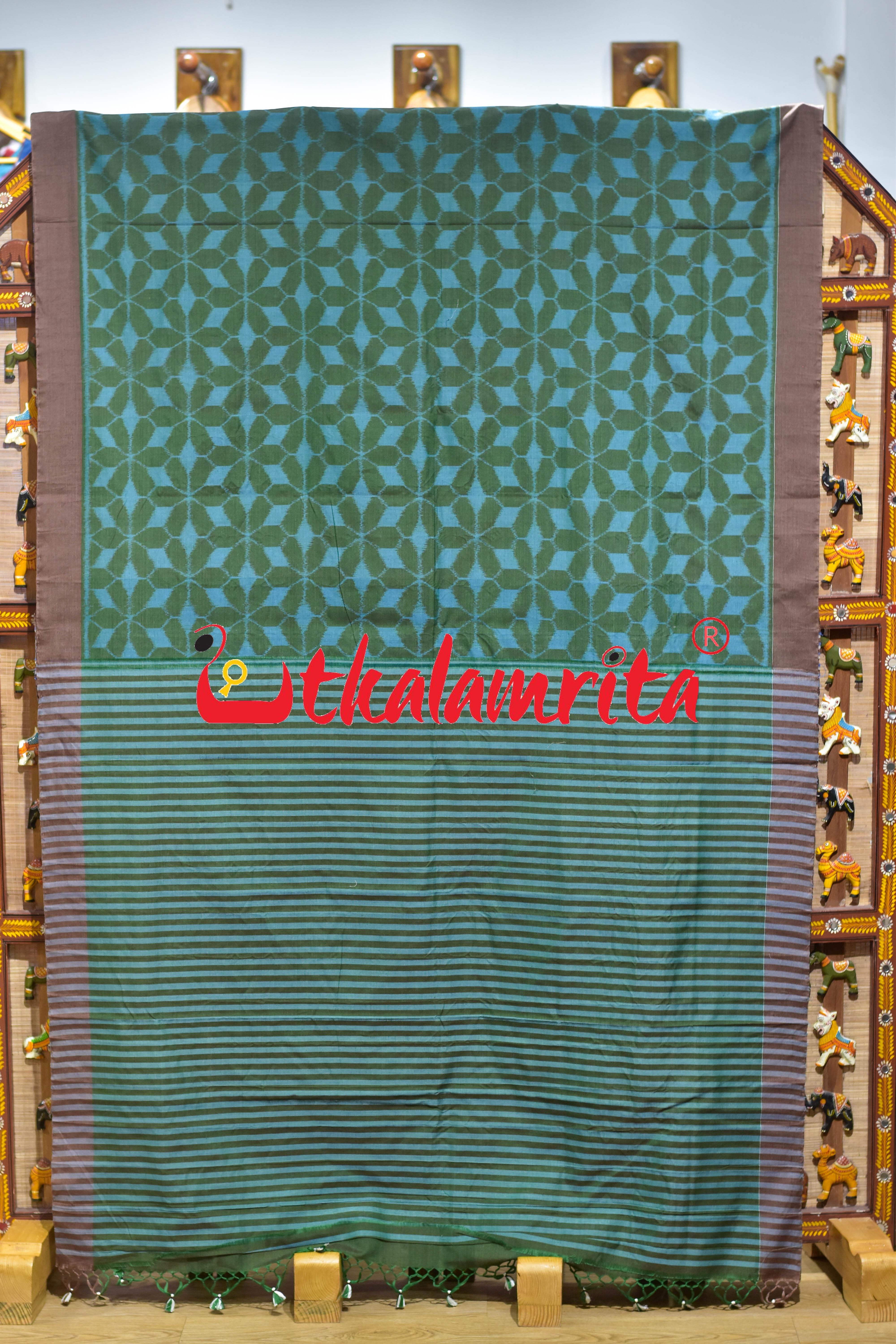 Hexagon Flower Green Blue Khandua Cotton Saree
