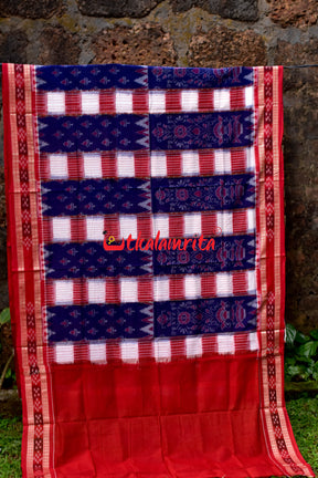 Peri Peri Bandha Pasapali Blue Red White Sambalpuri Cotton Saree