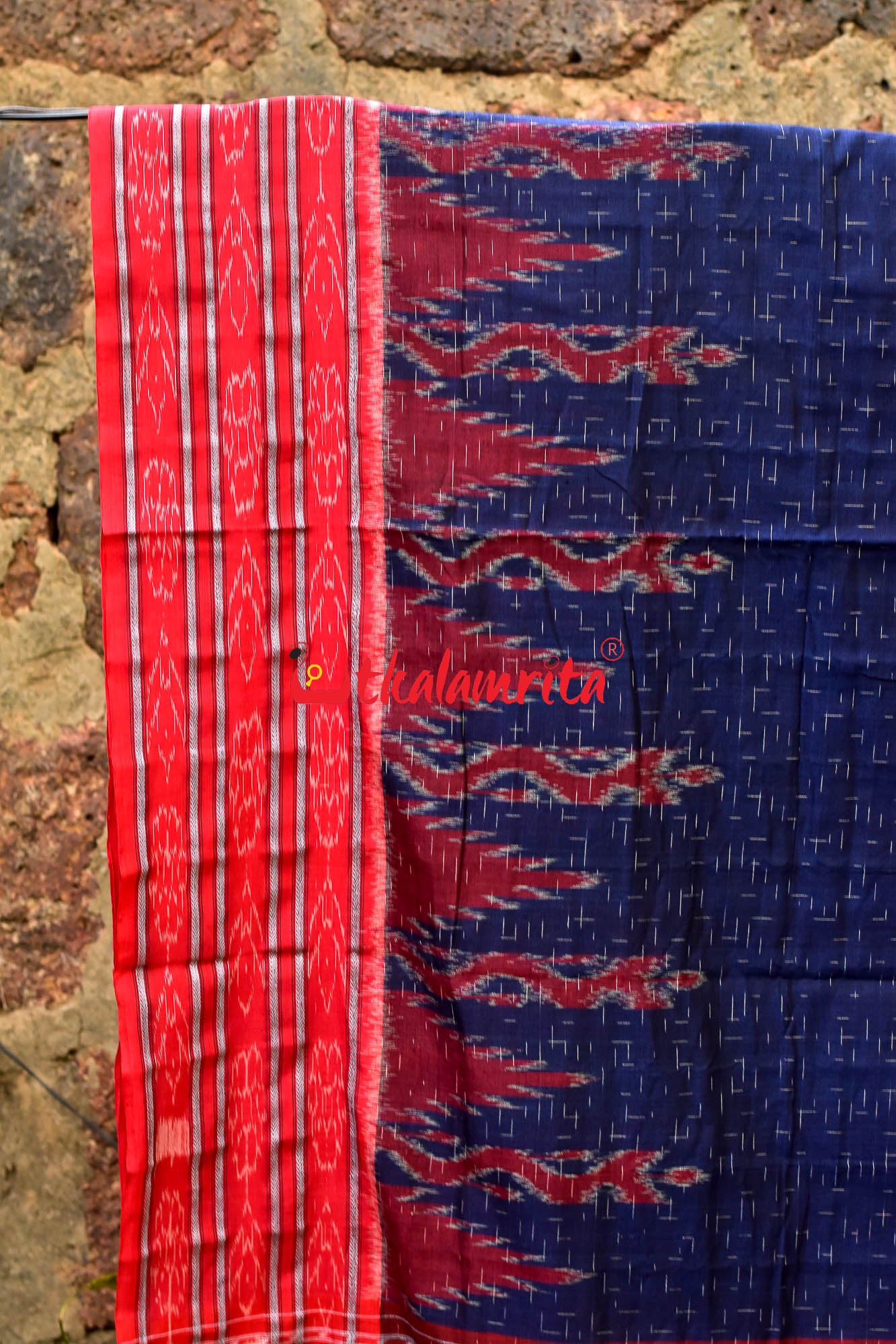 Blue Red Daali Scot Khandua Cotton Saree