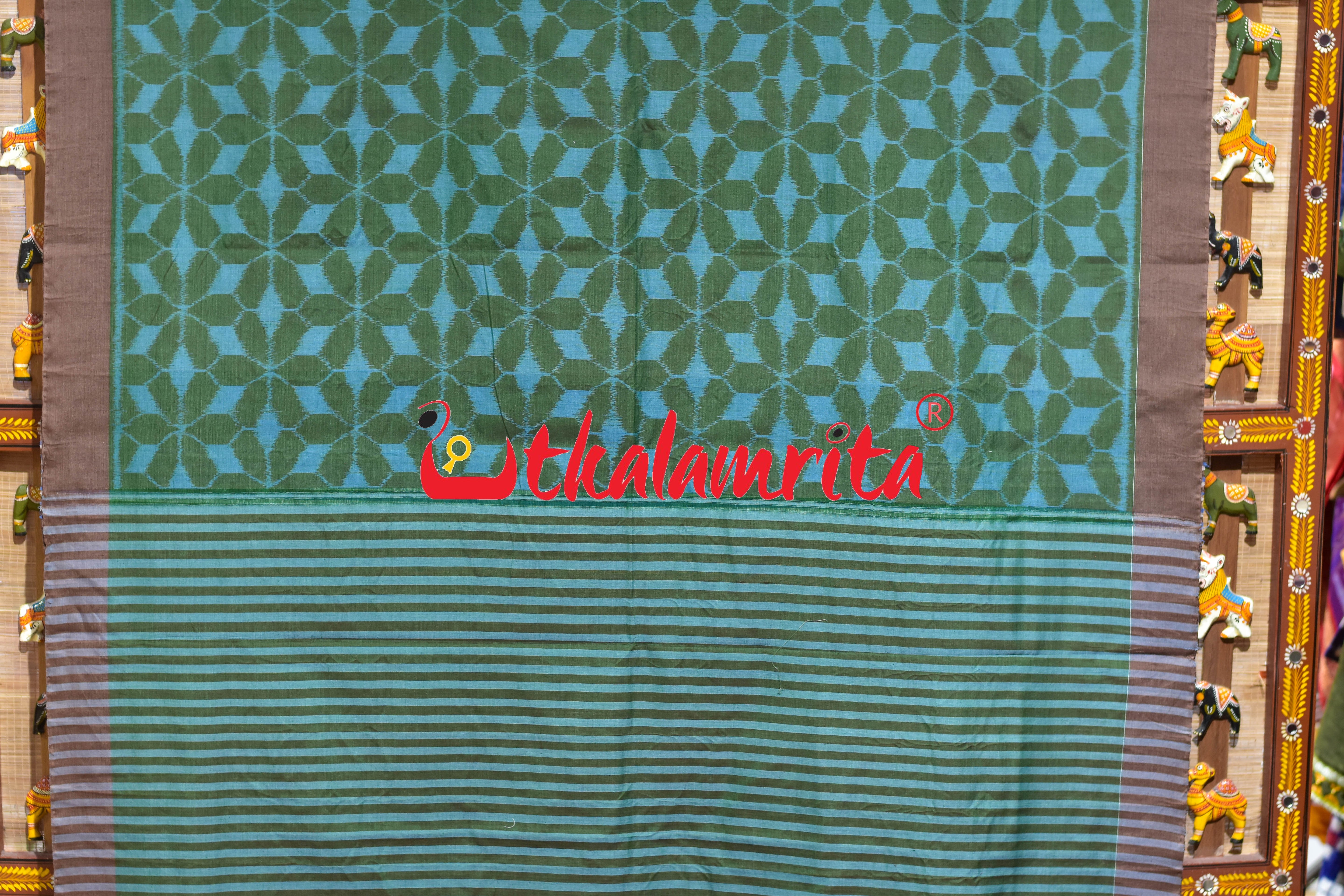 Hexagon Flower Green Blue Khandua Cotton Saree