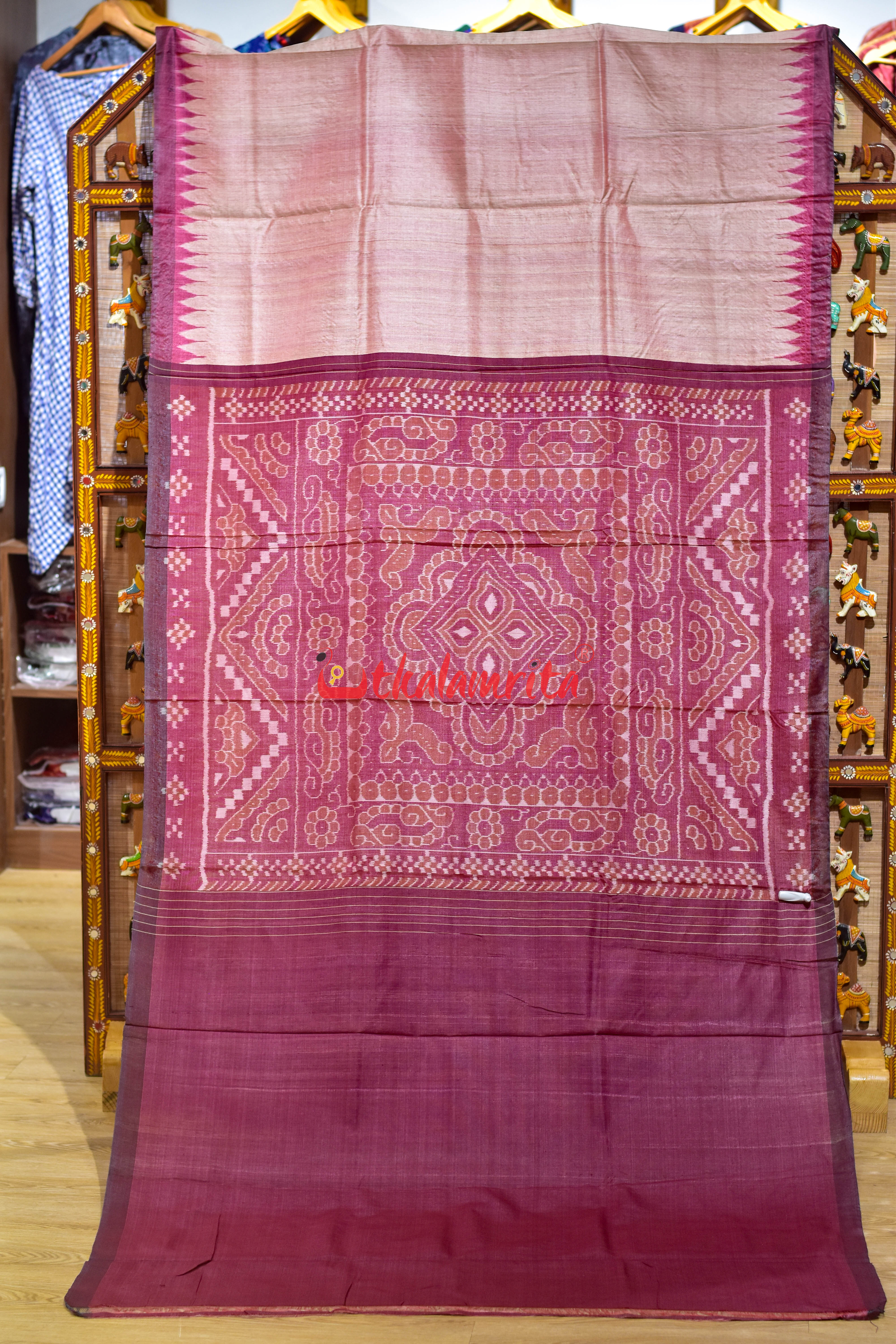 Peach with Berry Maroon Gopalpur Tussar Silk Saree