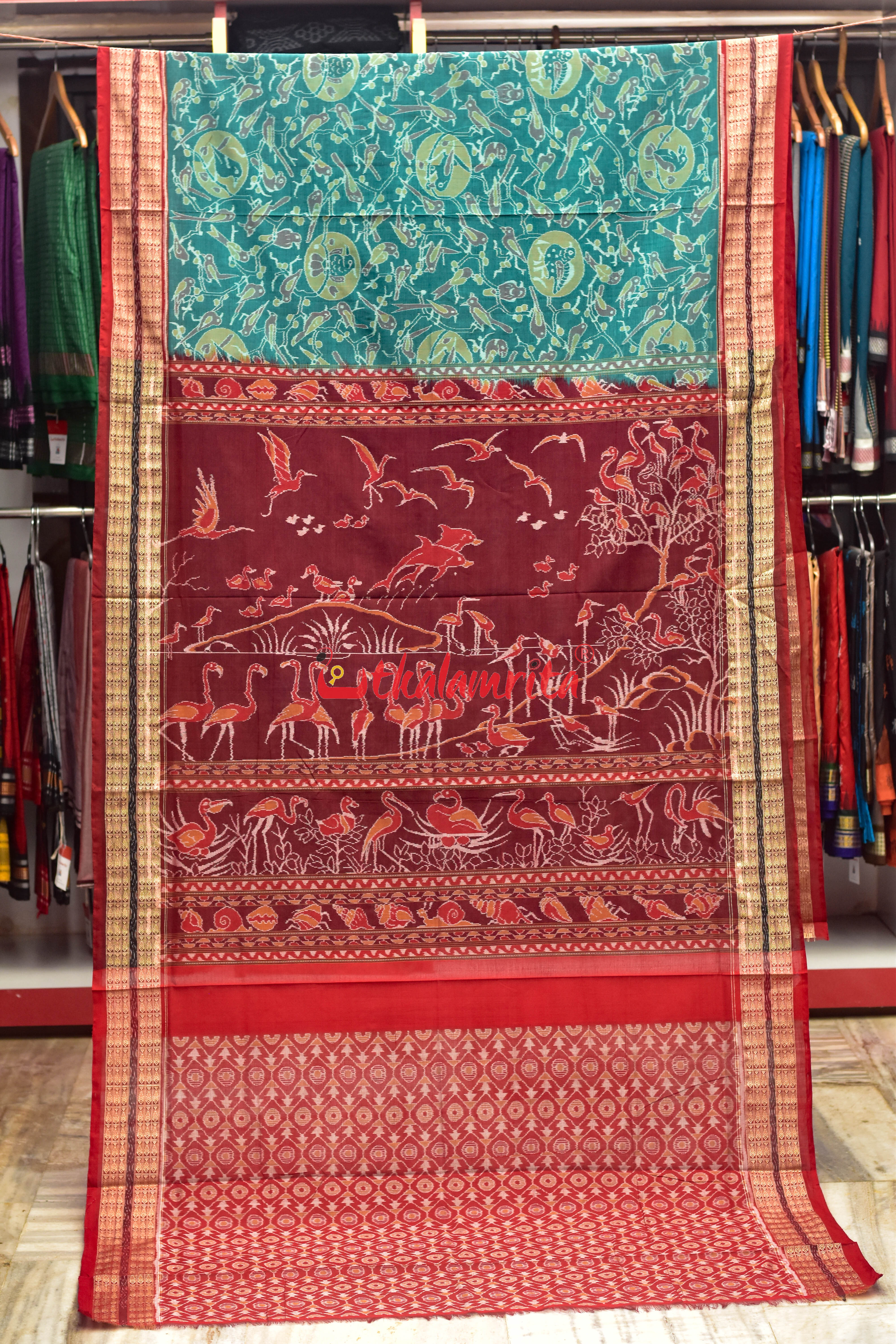 Teal Birds Bandha Sambalpuri Cotton Saree