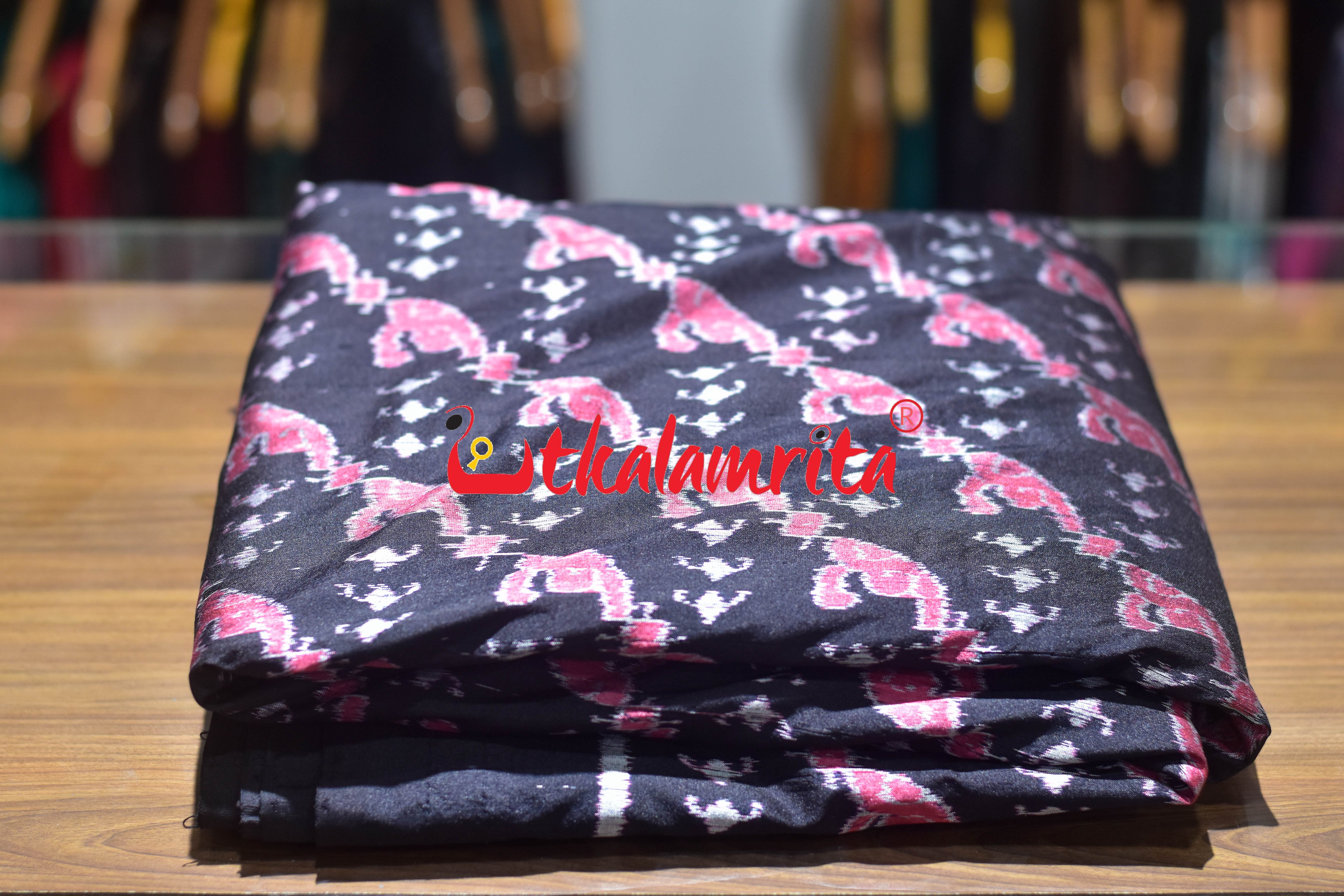 Pink Blooms on Black Sambalpuri Silk (Fabric)