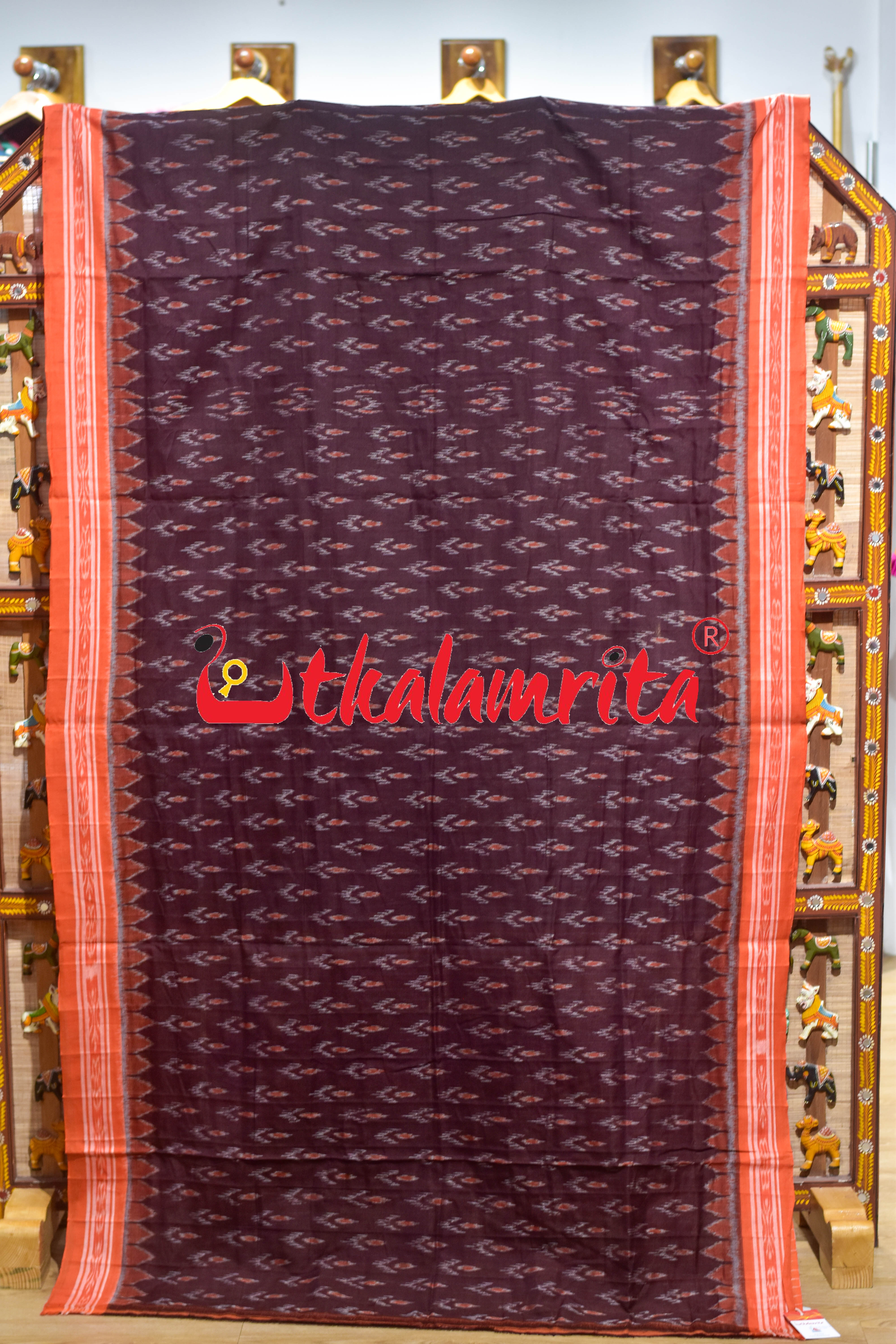 Maroon Labanga Bandha Orange Border Khandua Cotton Saree