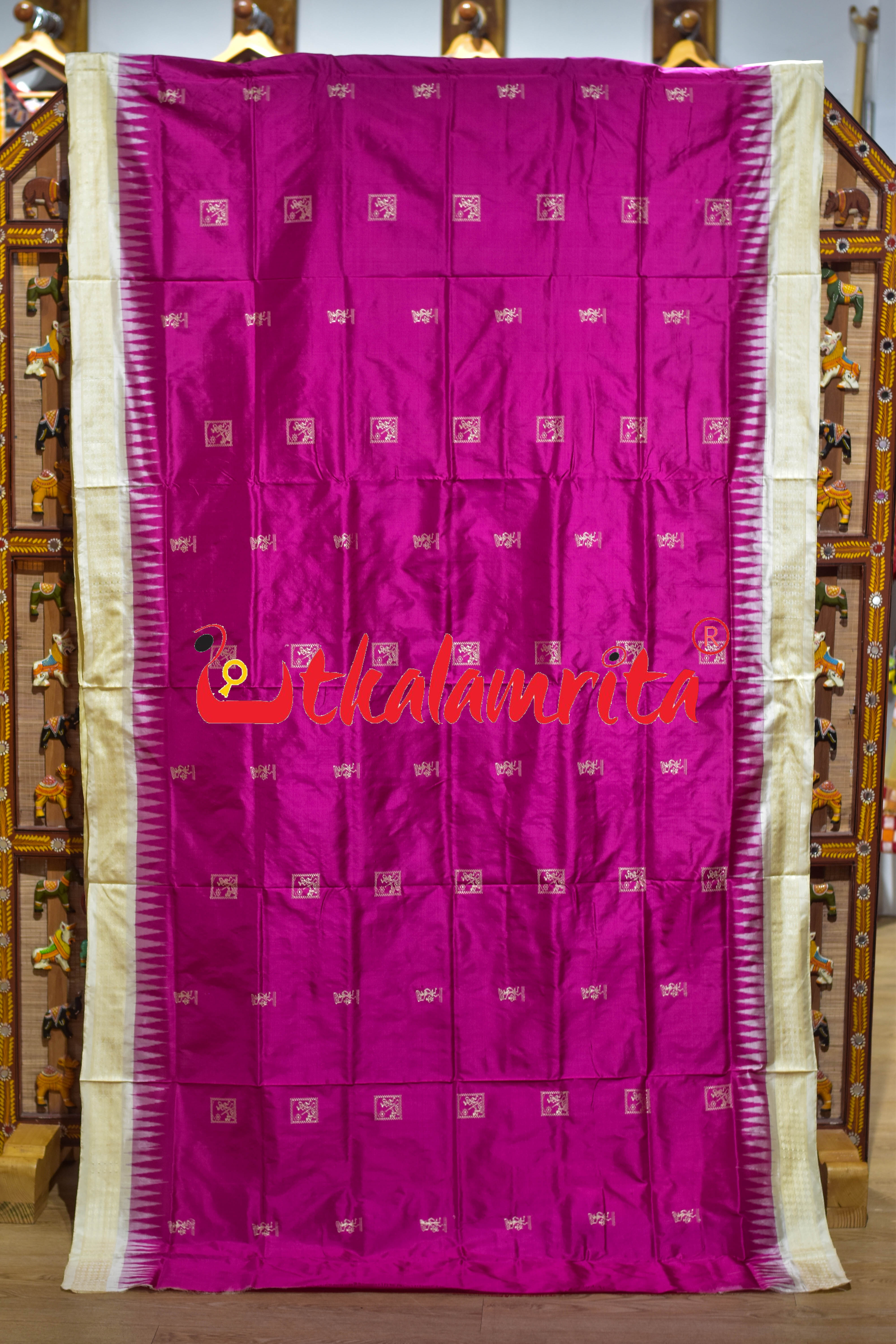 Rani Pink Off White Tribal Bomkai Silk Saree
