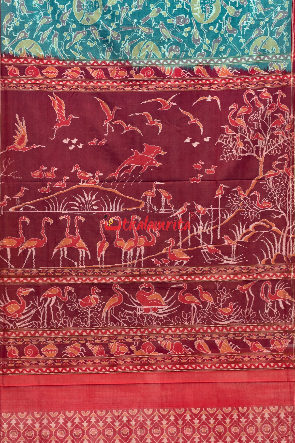 Teal Birds Bandha Sambalpuri Cotton Saree