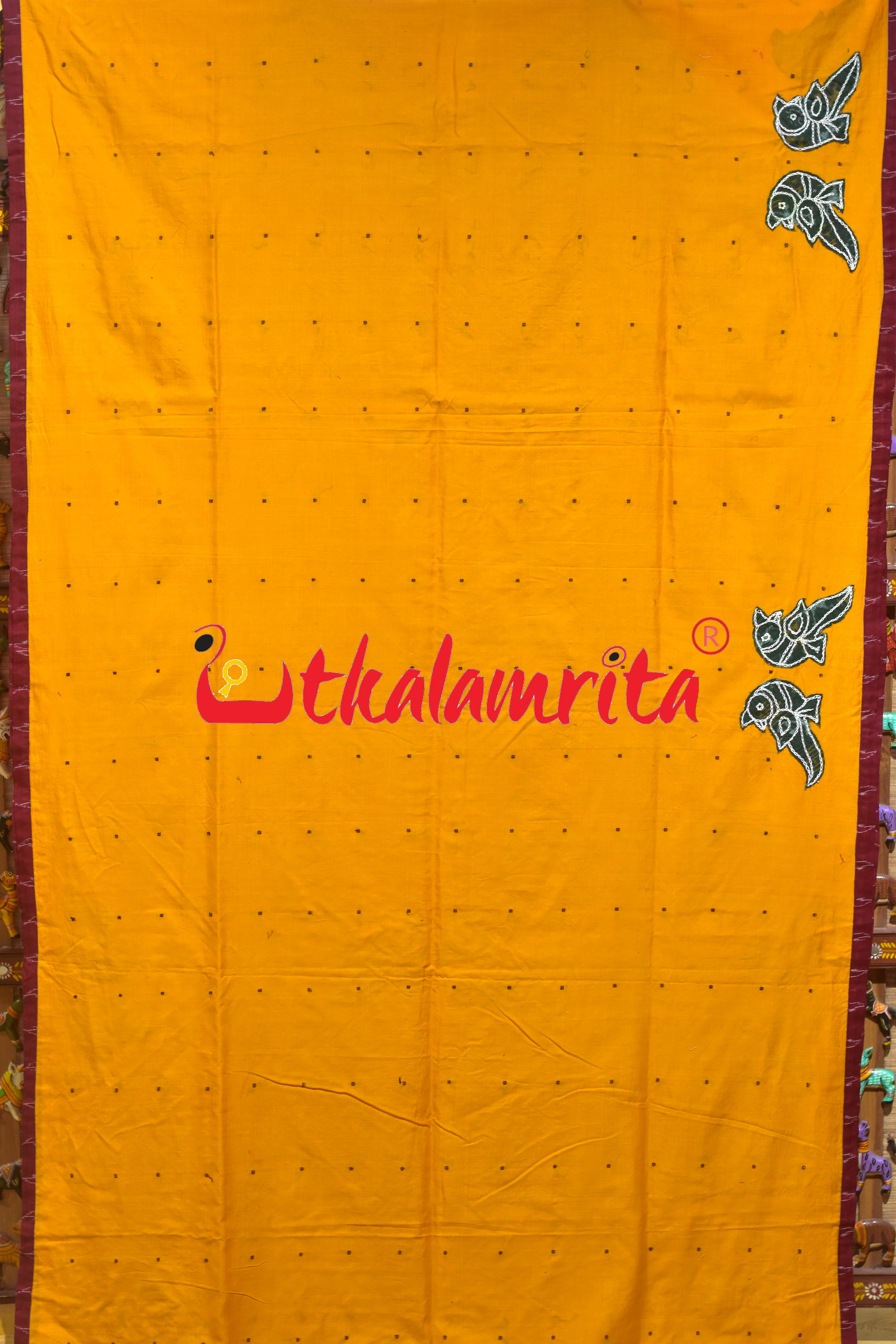 Mustard with Maroon Buti Parrot Designer Cotton Saree