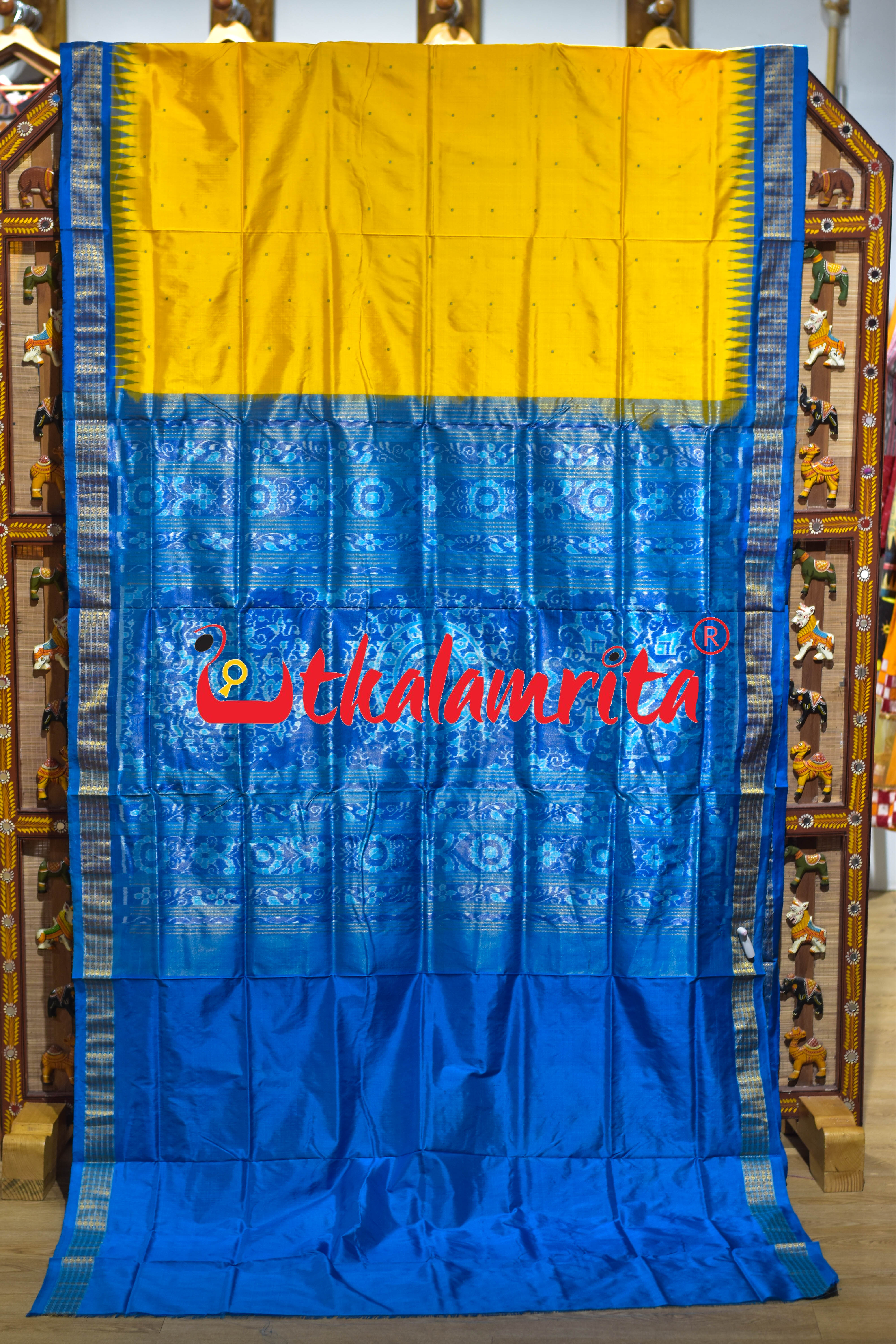 Yellow Copper Sulphate Half Tissue Sambalpuri Silk Saree