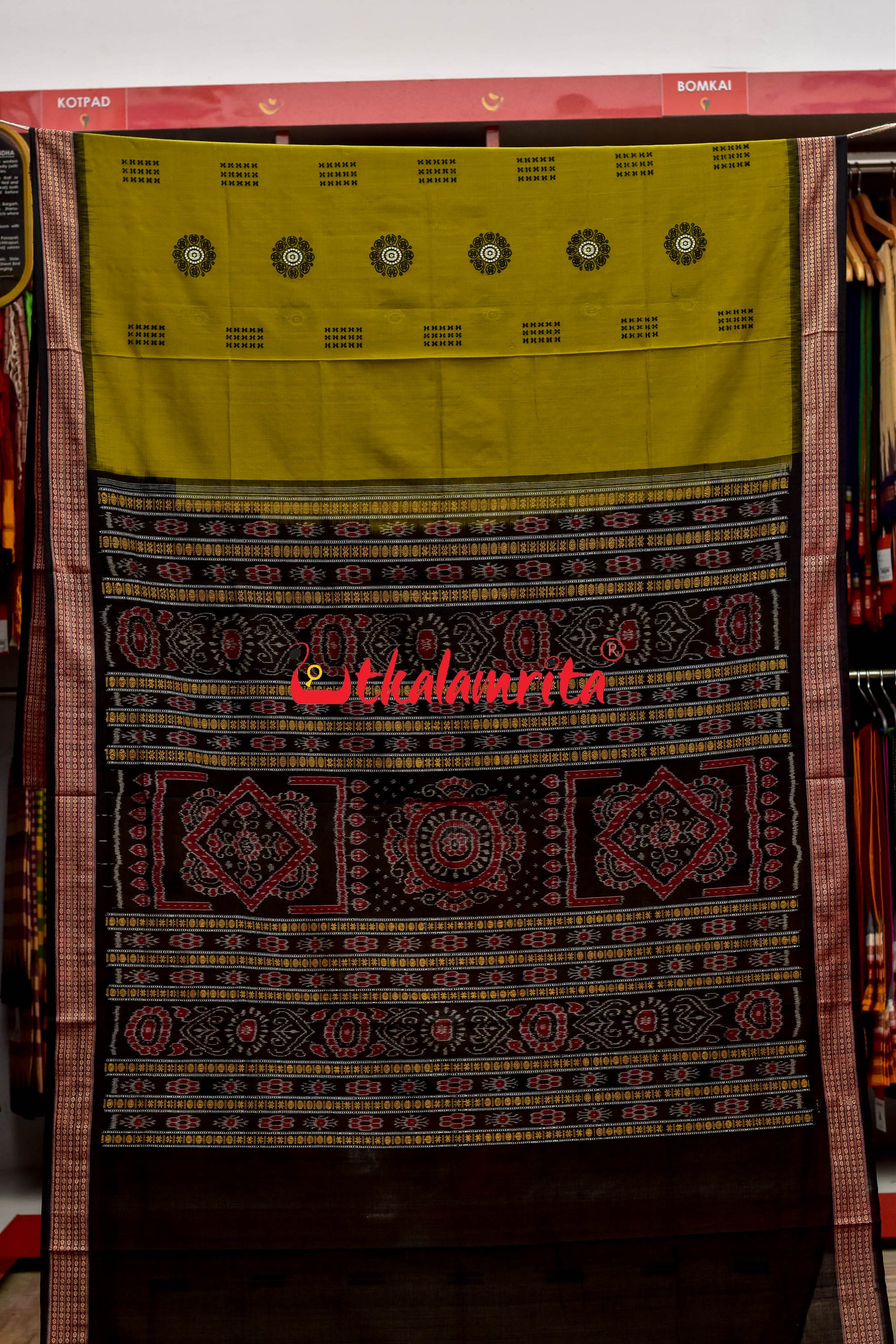 Light Mehndi Black Padam Bomkai Cotton Saree