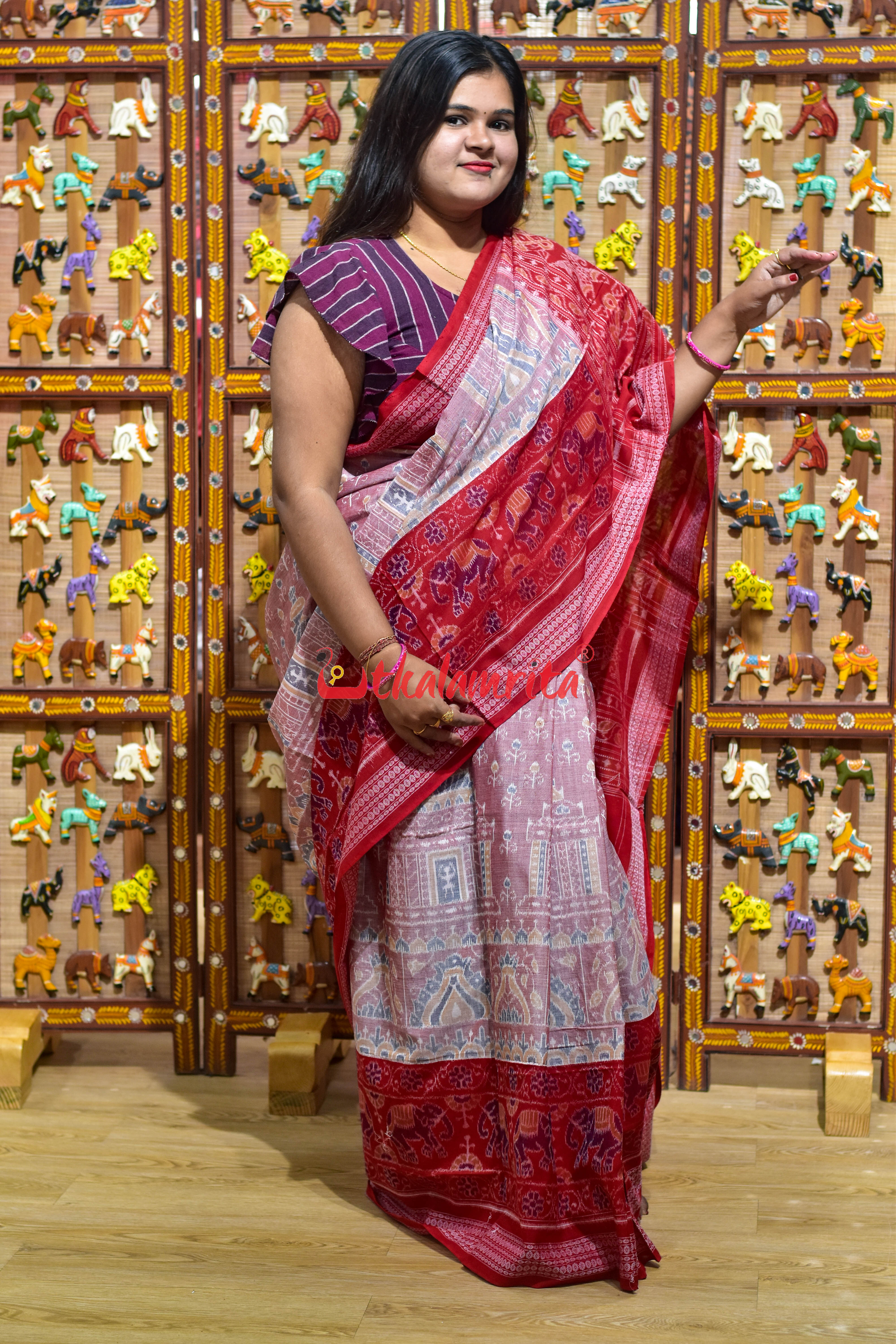 Pink Konark with Elephant Border Sambalpuri Cotton Saree