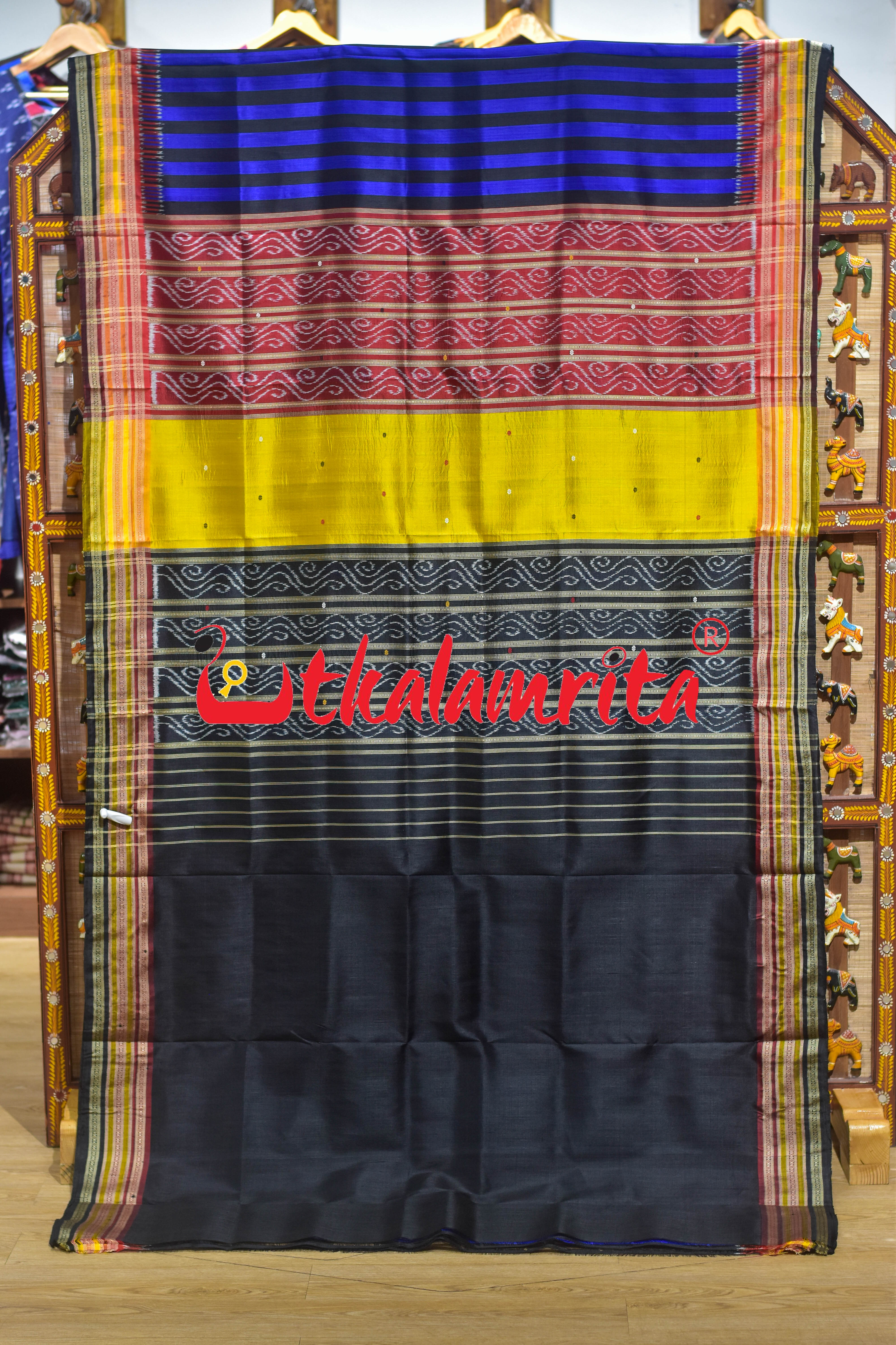 Blue Black Check Kathifera Silk Saree