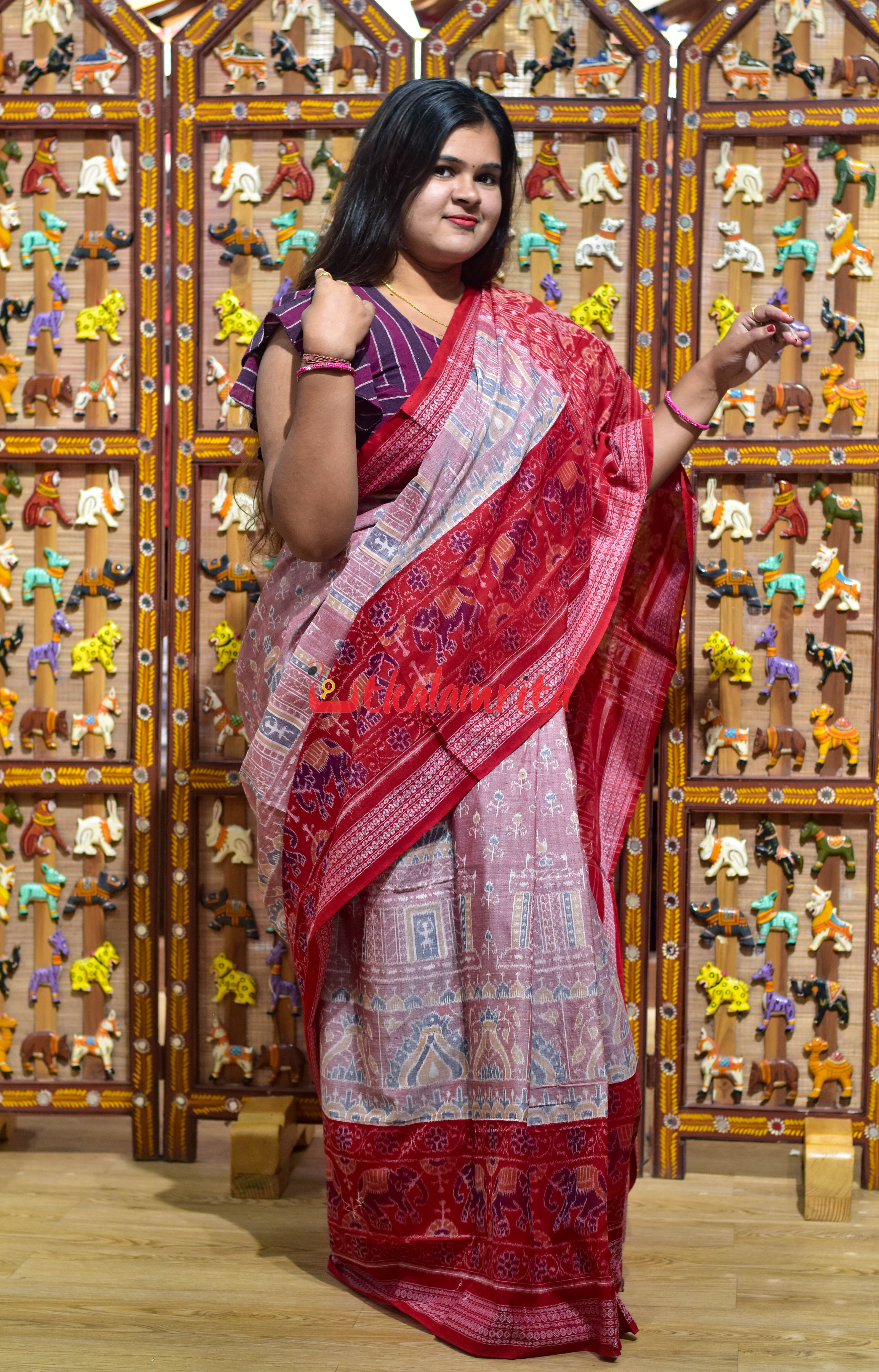 Pink Konark with Elephant Border Sambalpuri Cotton Saree