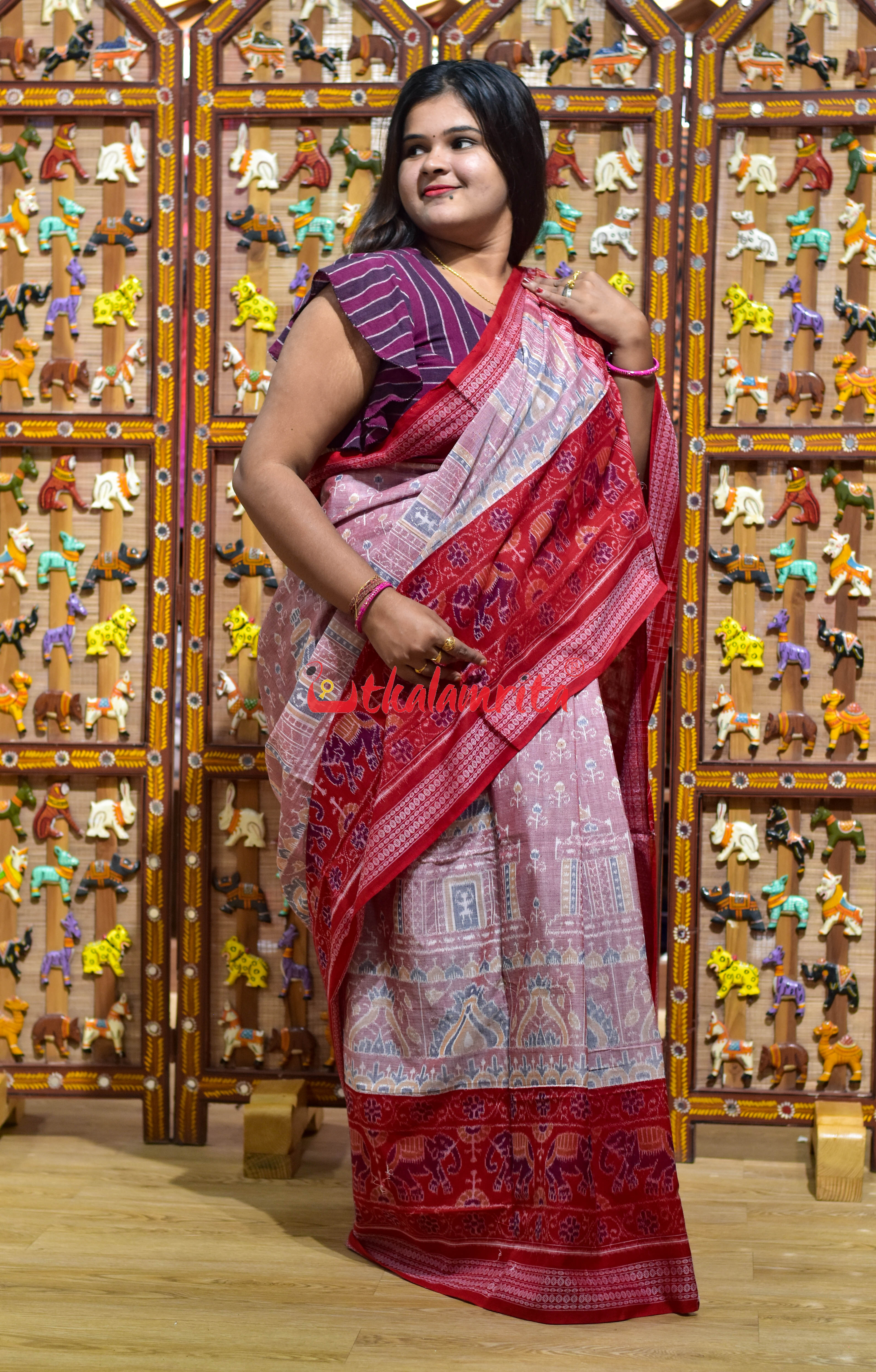 Pink Konark with Elephant Border Sambalpuri Cotton Saree