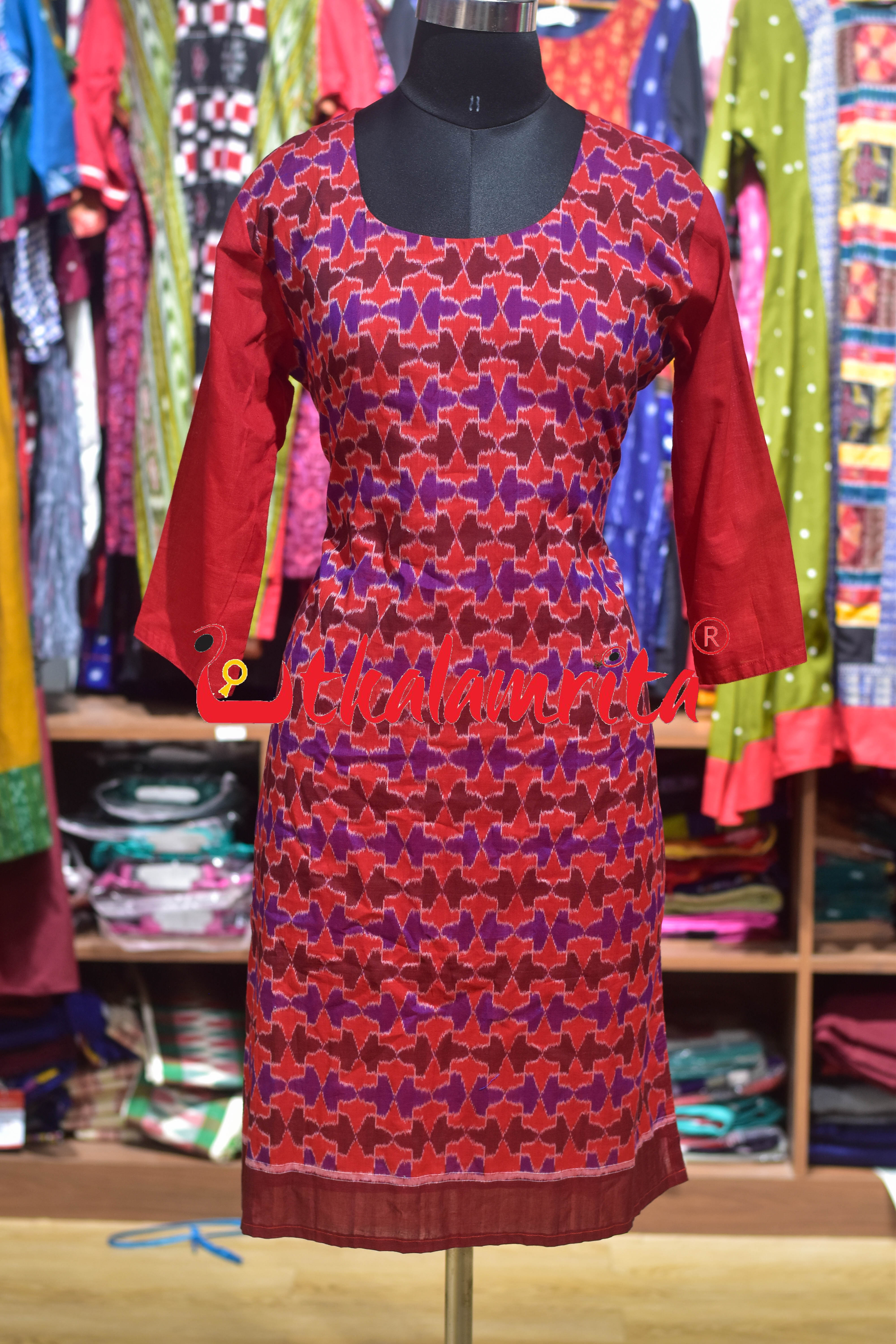Plain Red with Front 3D Design (Ladies' Kurta)