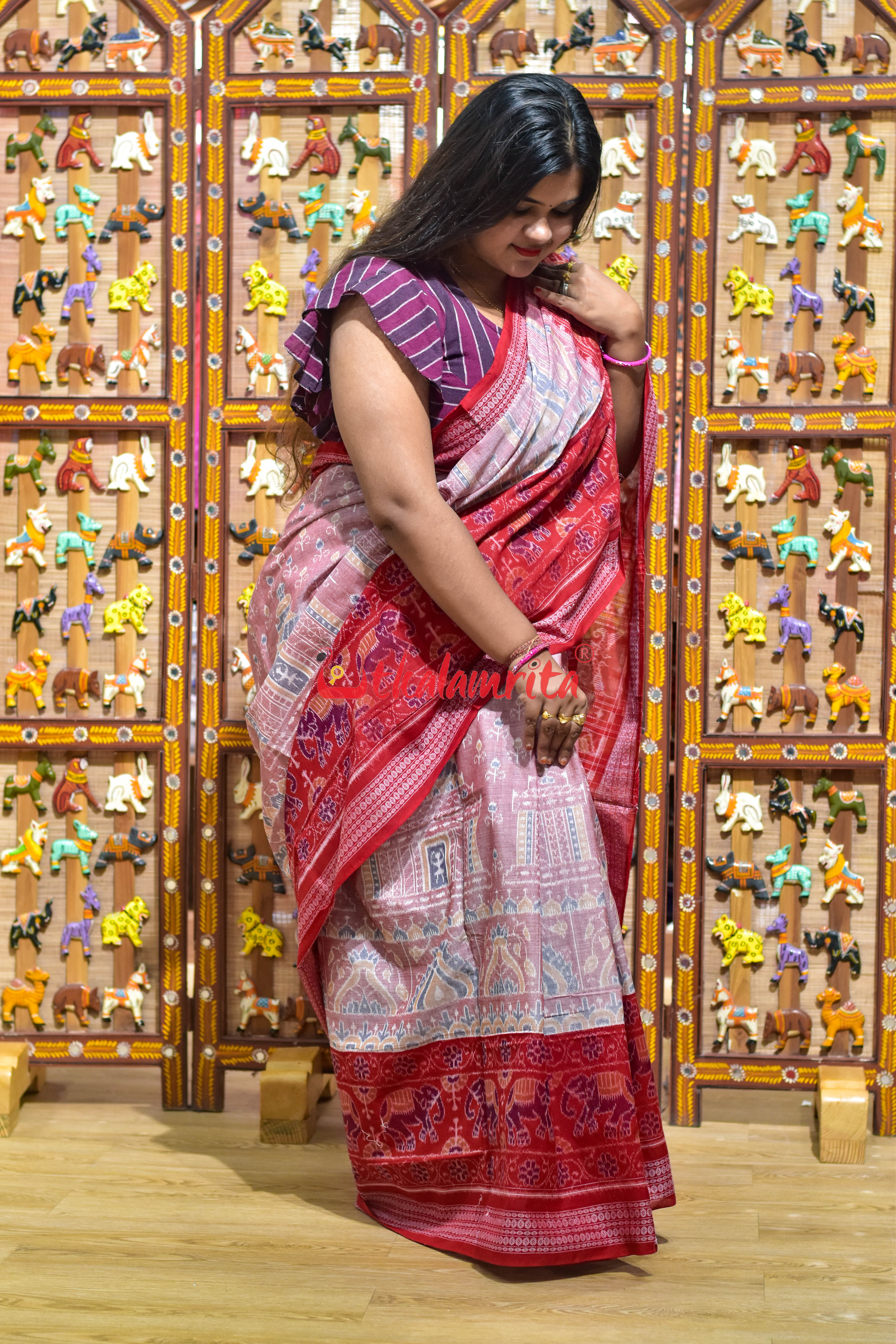 Pink Konark with Elephant Border Sambalpuri Cotton Saree