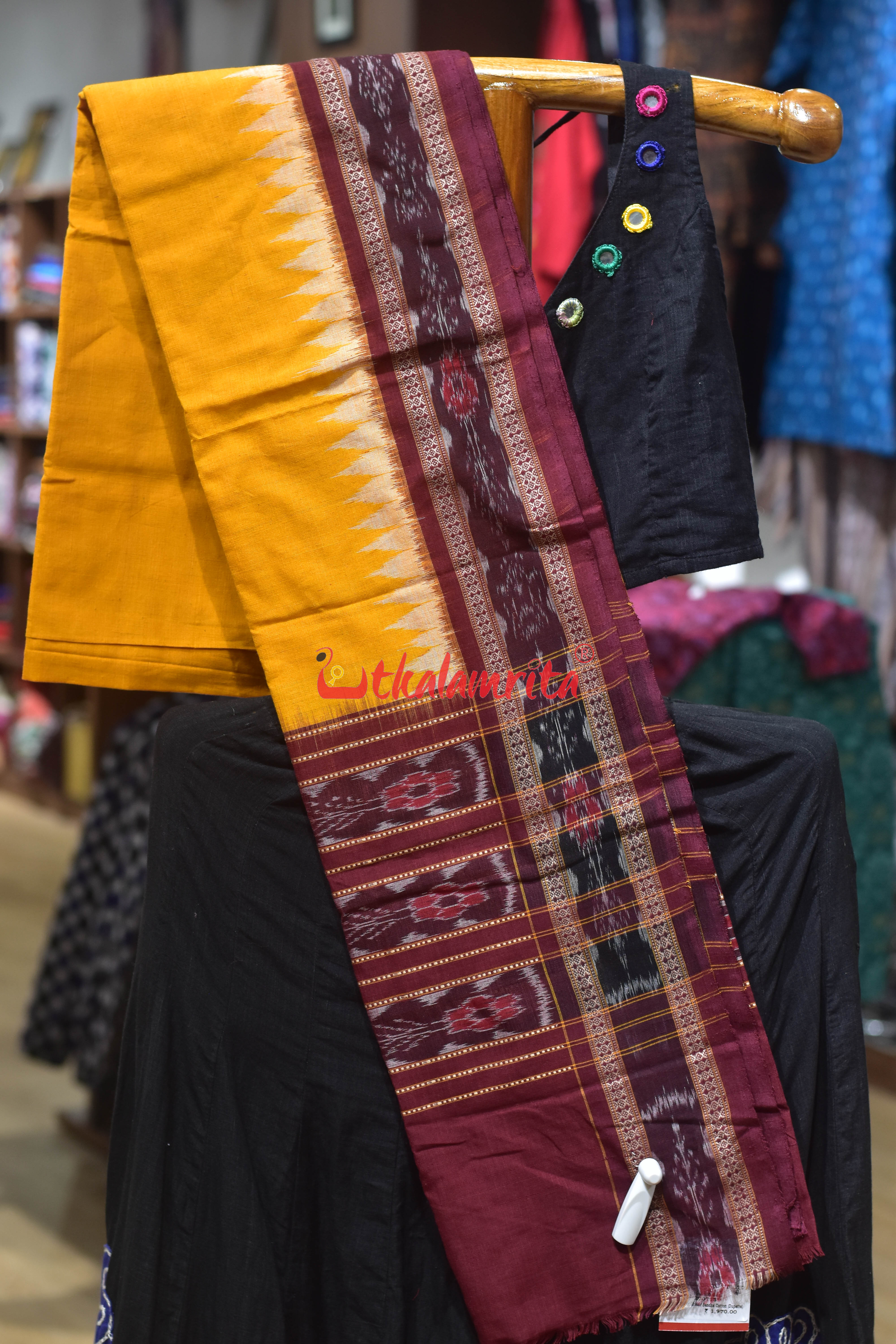 Yellow Maroon Flower Bandha Cotton (Dupatta)