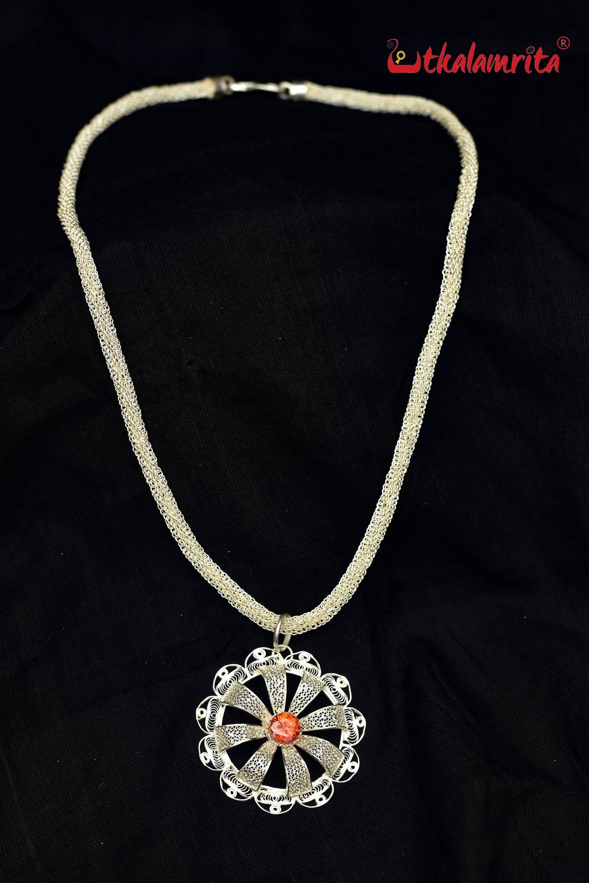 Silver Jala Necklace with Flower Pendant