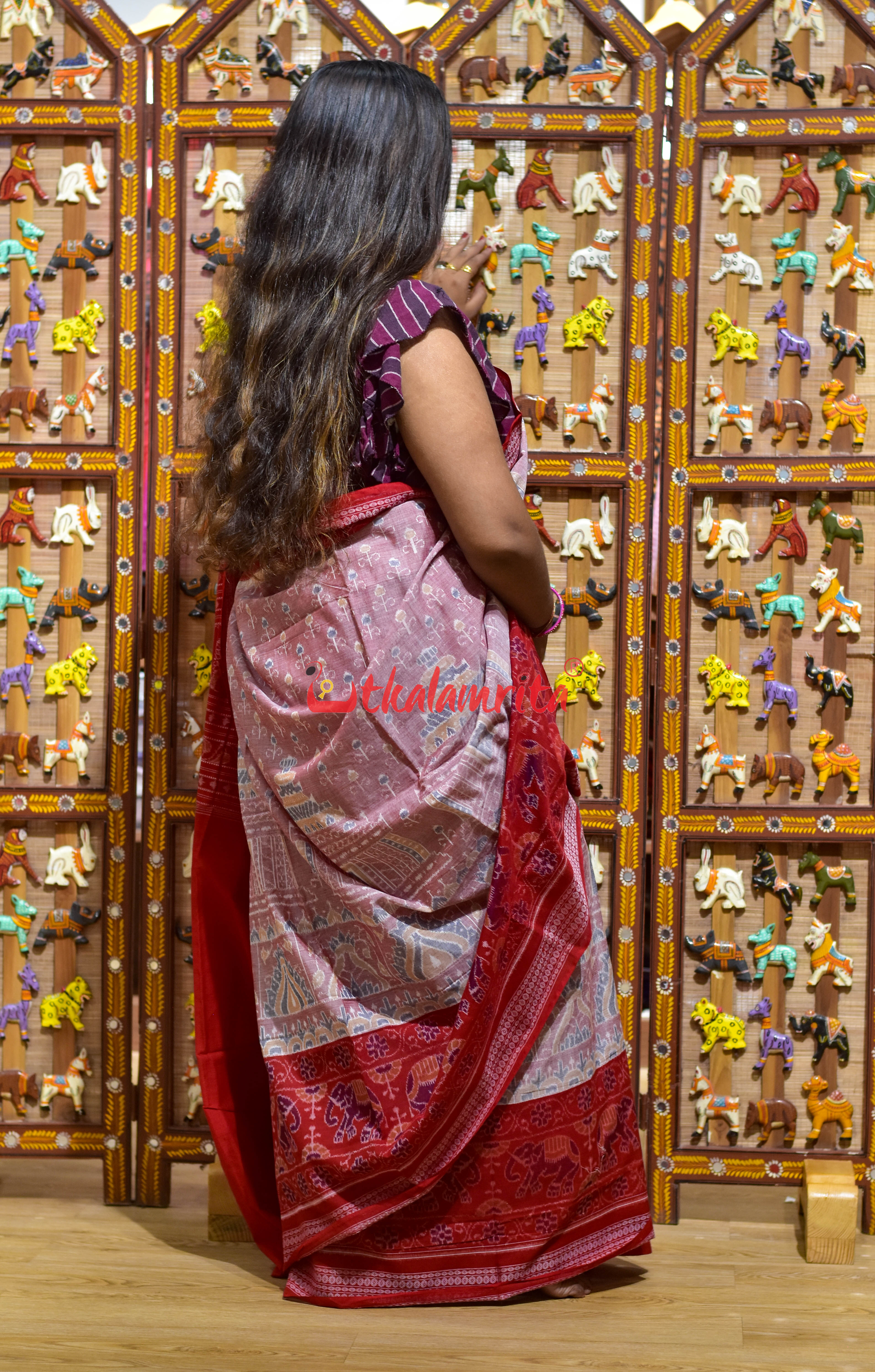 Pink Konark with Elephant Border Sambalpuri Cotton Saree