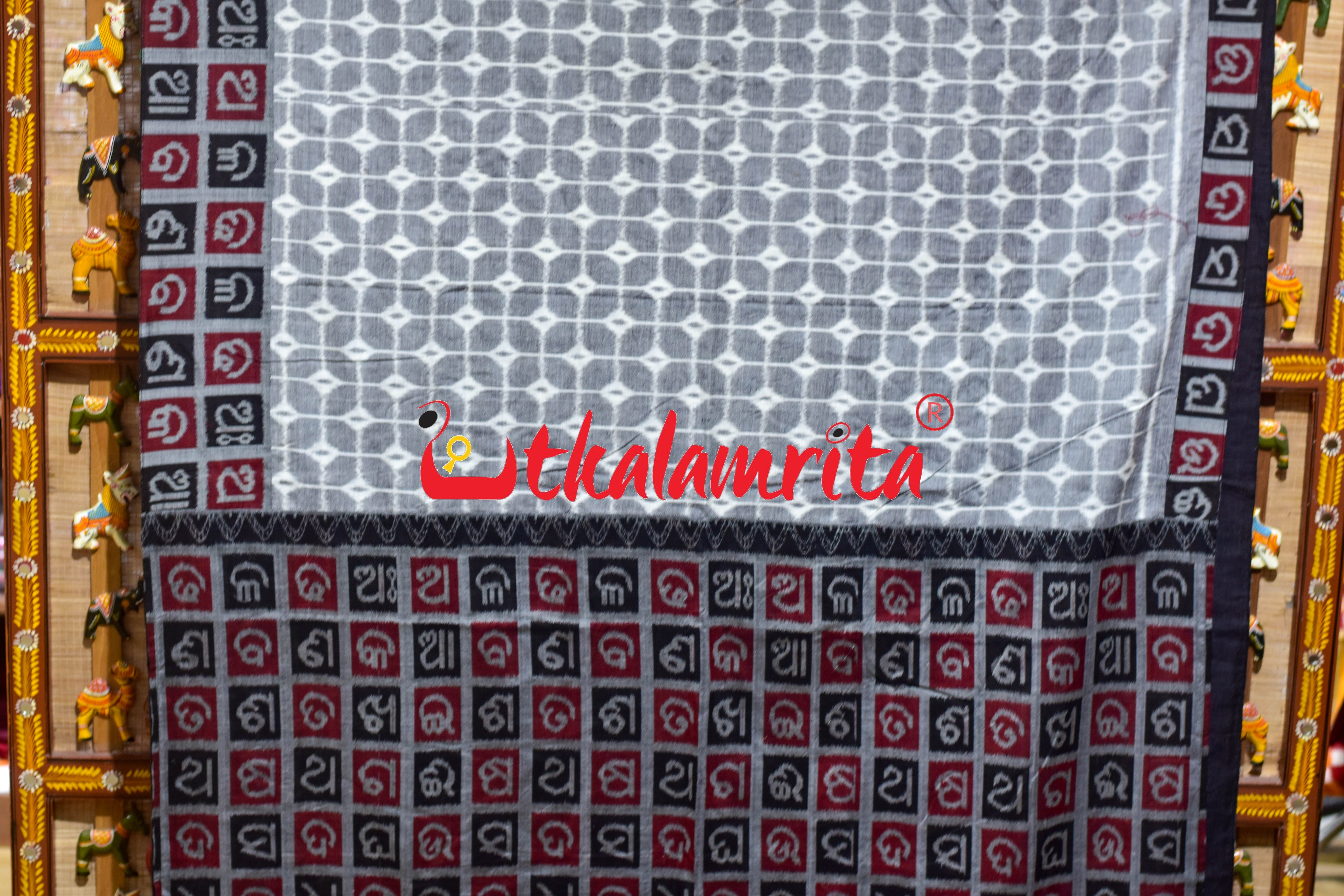 Grey Box Thikiri Ikat Odia Alphabets Designer Cotton Saree
