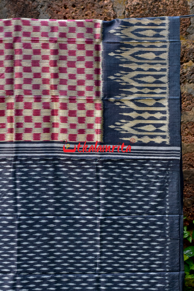 Red Black Body Ikat Tussar Silk Saree