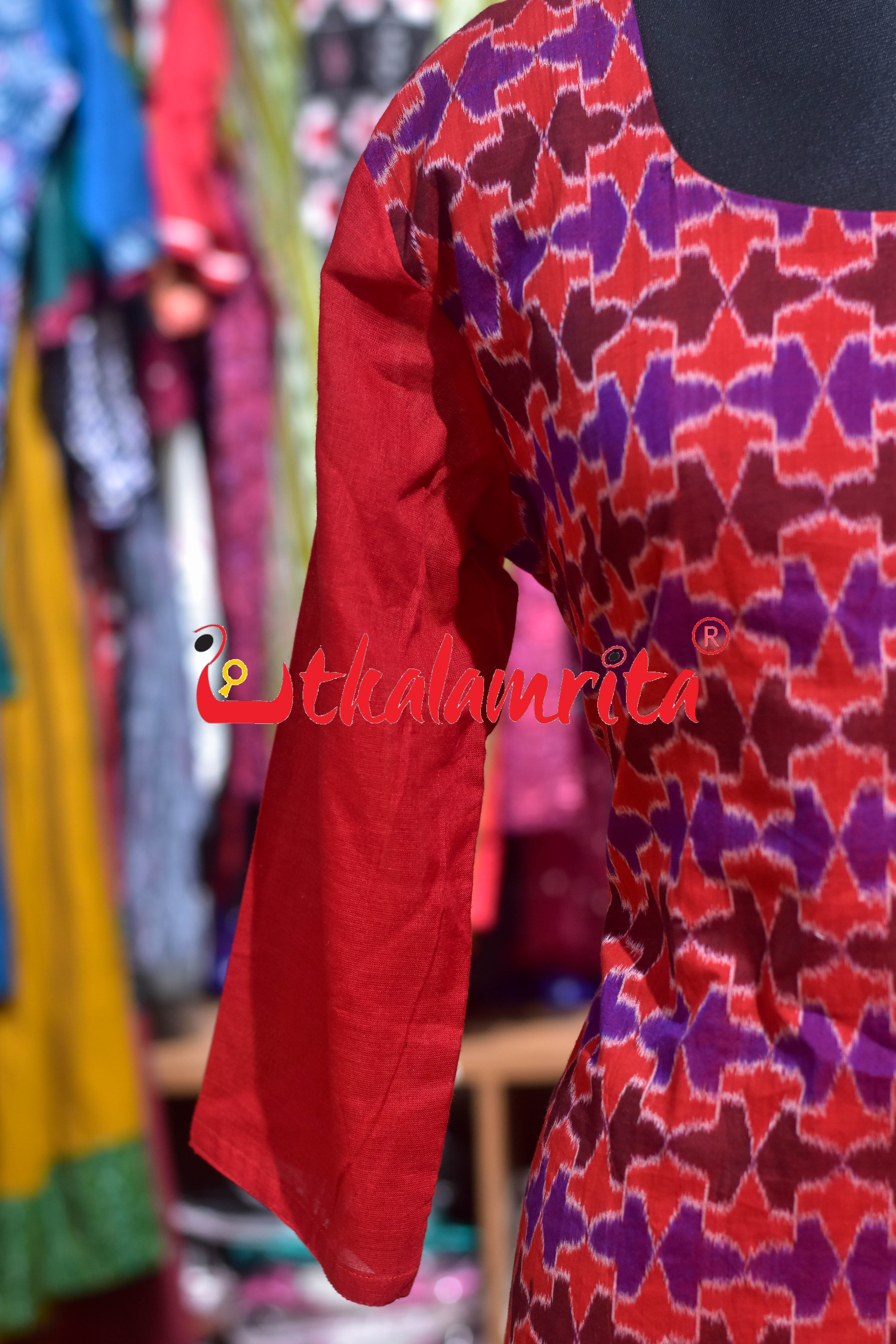 Plain Red with Front 3D Design (Ladies' Kurta)