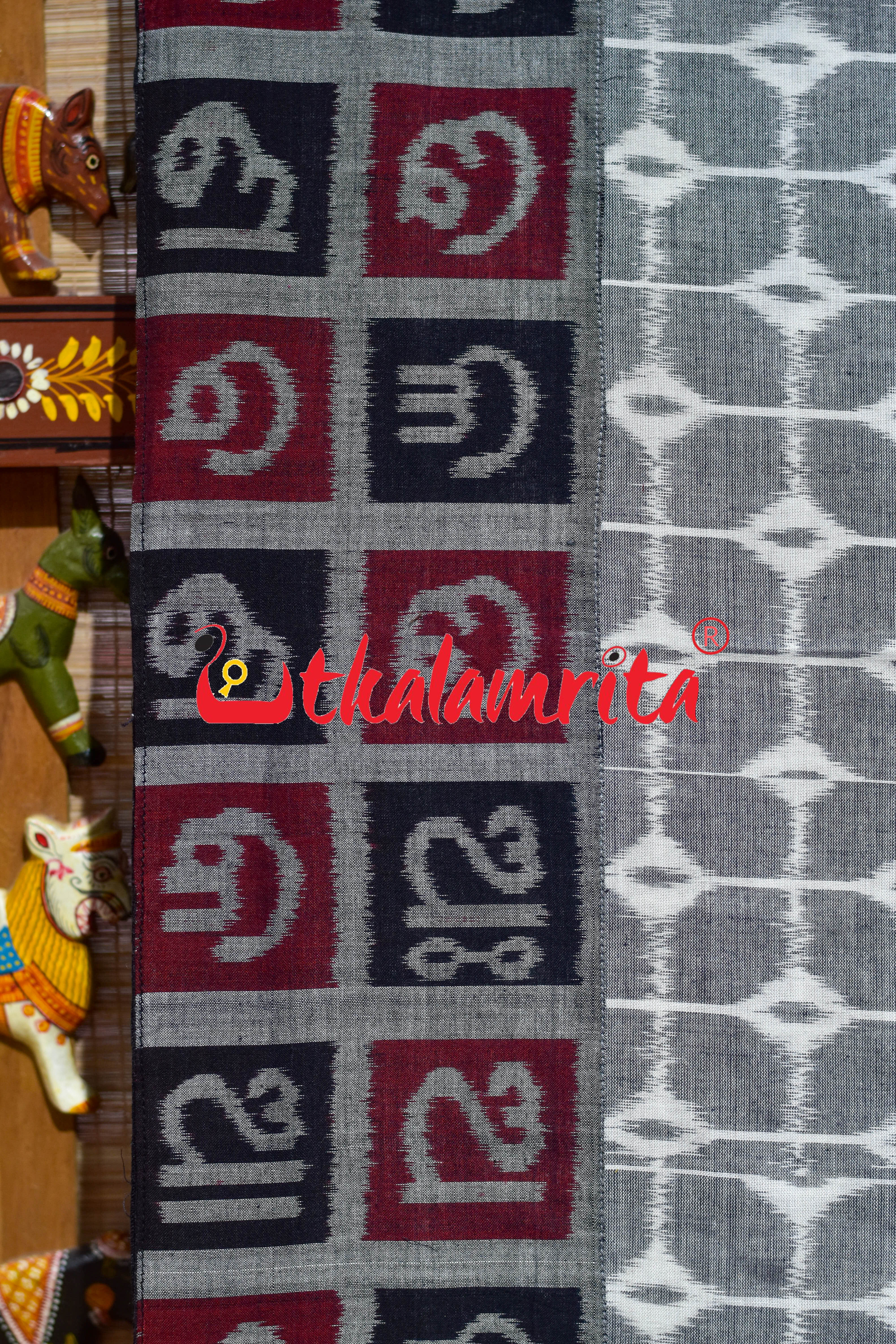 Grey Box Thikiri Ikat Odia Alphabets Designer Cotton Saree