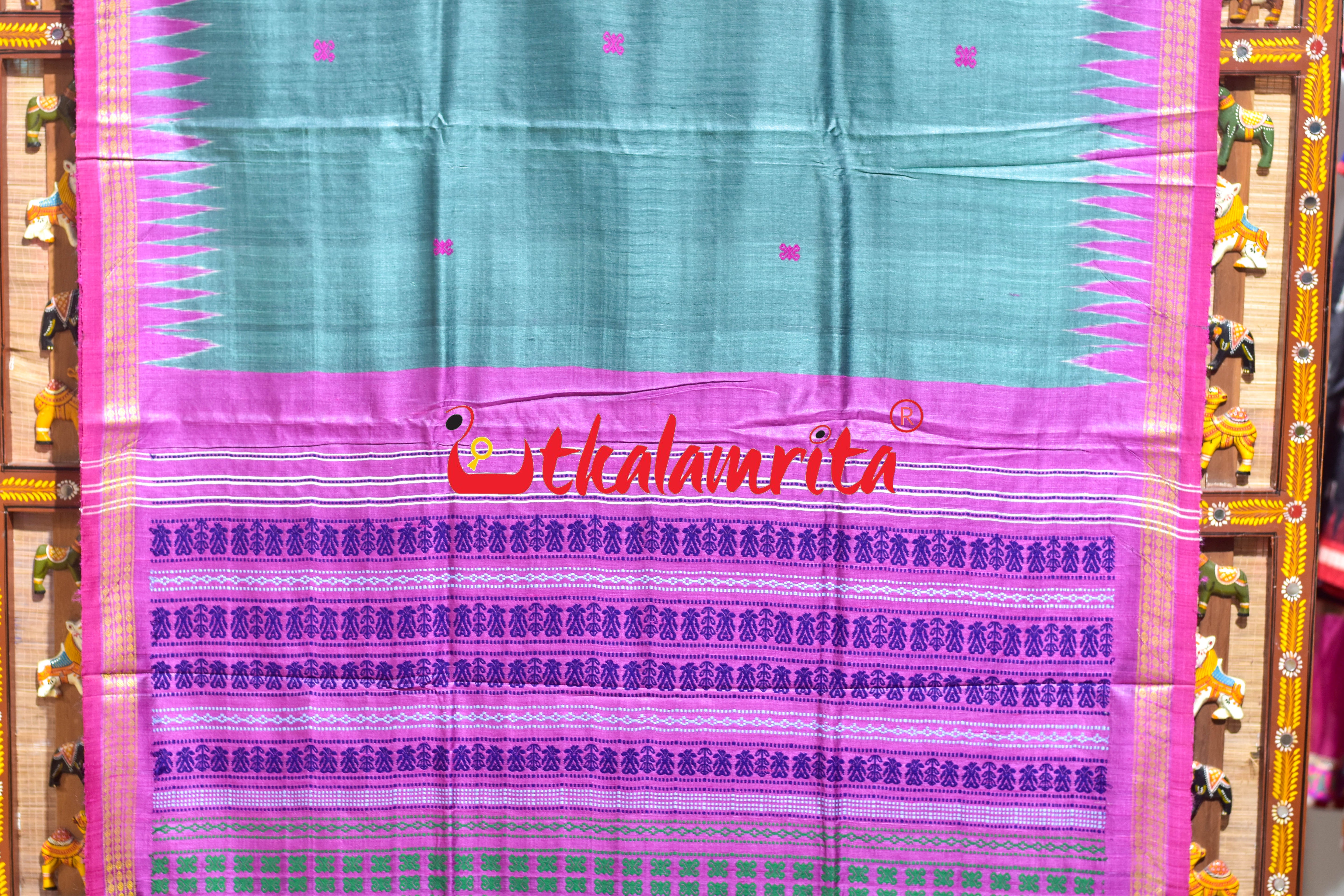 Smoky Green with Pink Dhadi Gopalpur Tussar Silk Saree