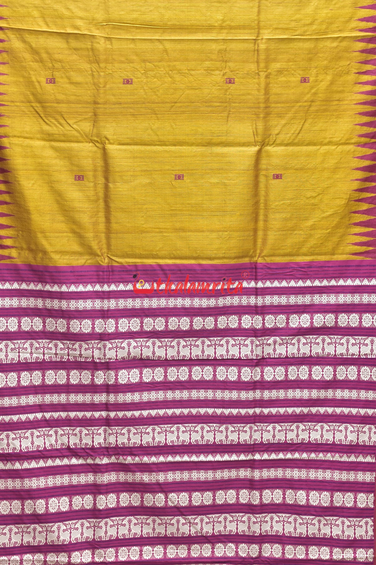 Mustard Pink Fish Border Jaala Anchal Tussar Saree