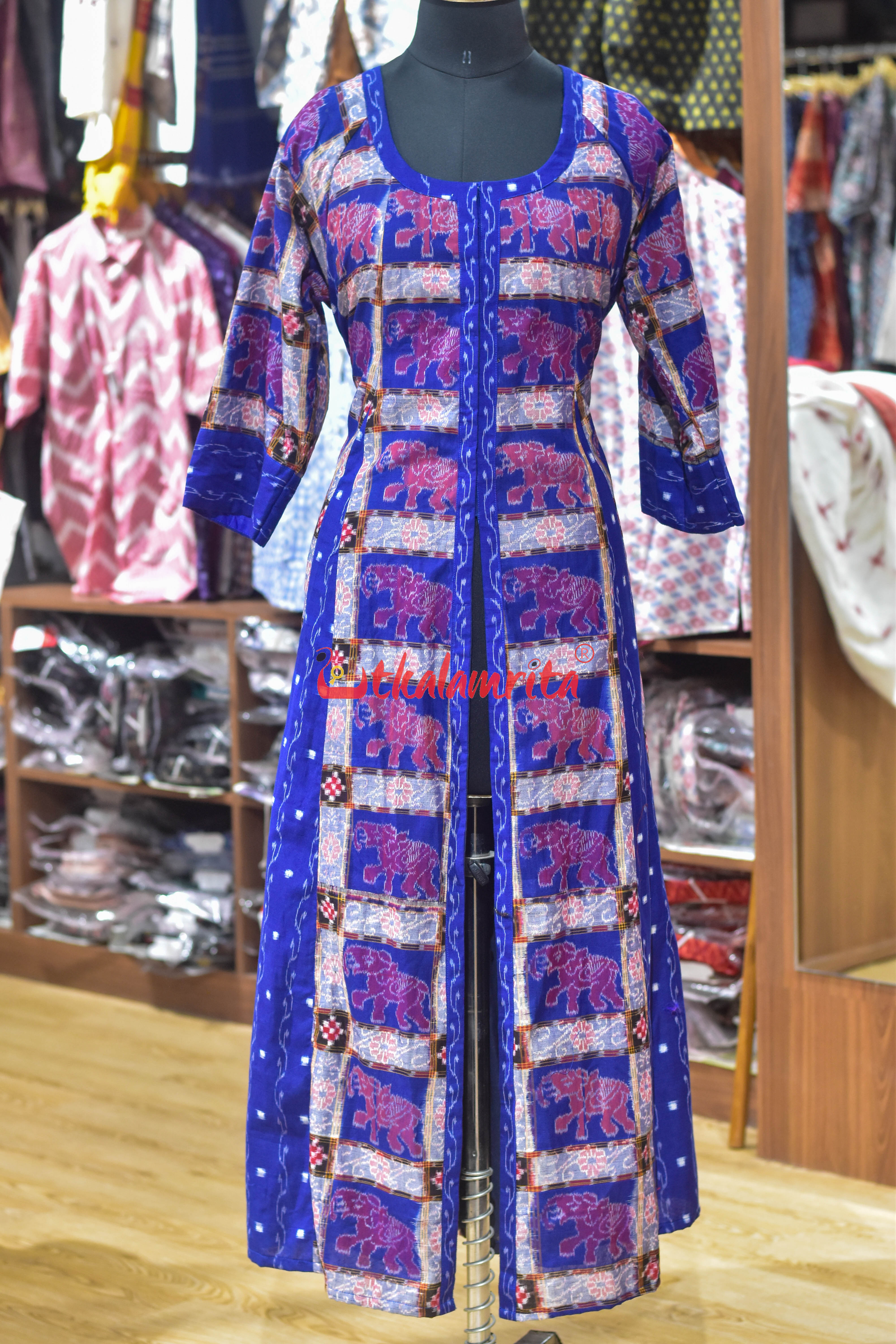 Blue Lahari Elephant Design (Ladies' Long Sufi Jacket)